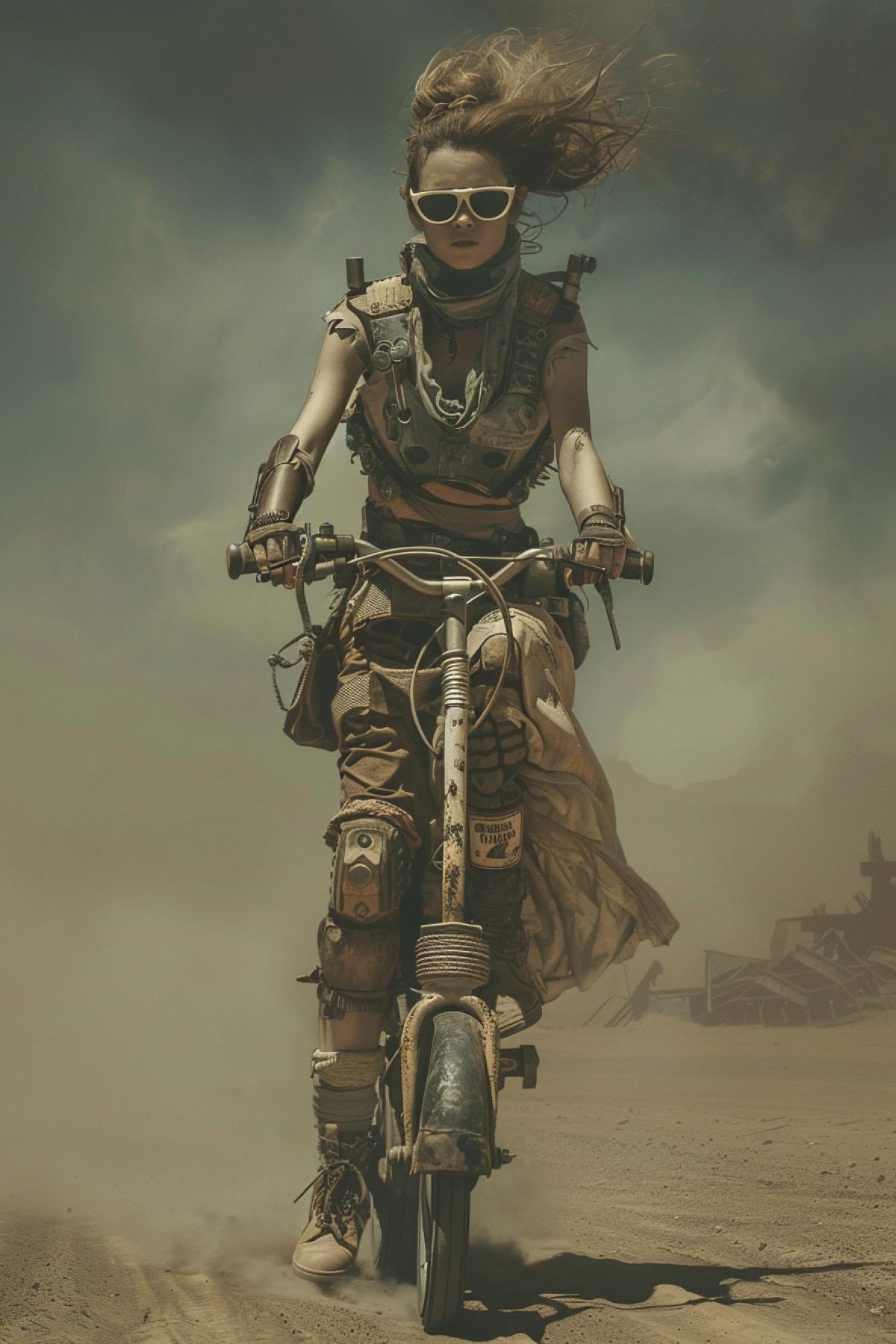 post-apocalyptic scavenger woman riding a rusty kick childrens scooter (non-motorized), wearing armor made from scrap metal, road signs, and wires, hands gripping the handlebars, desert ruins in the background, dust storm rising, gritty cinematic lighting, Mad Max vibe, handmade low-tech gear