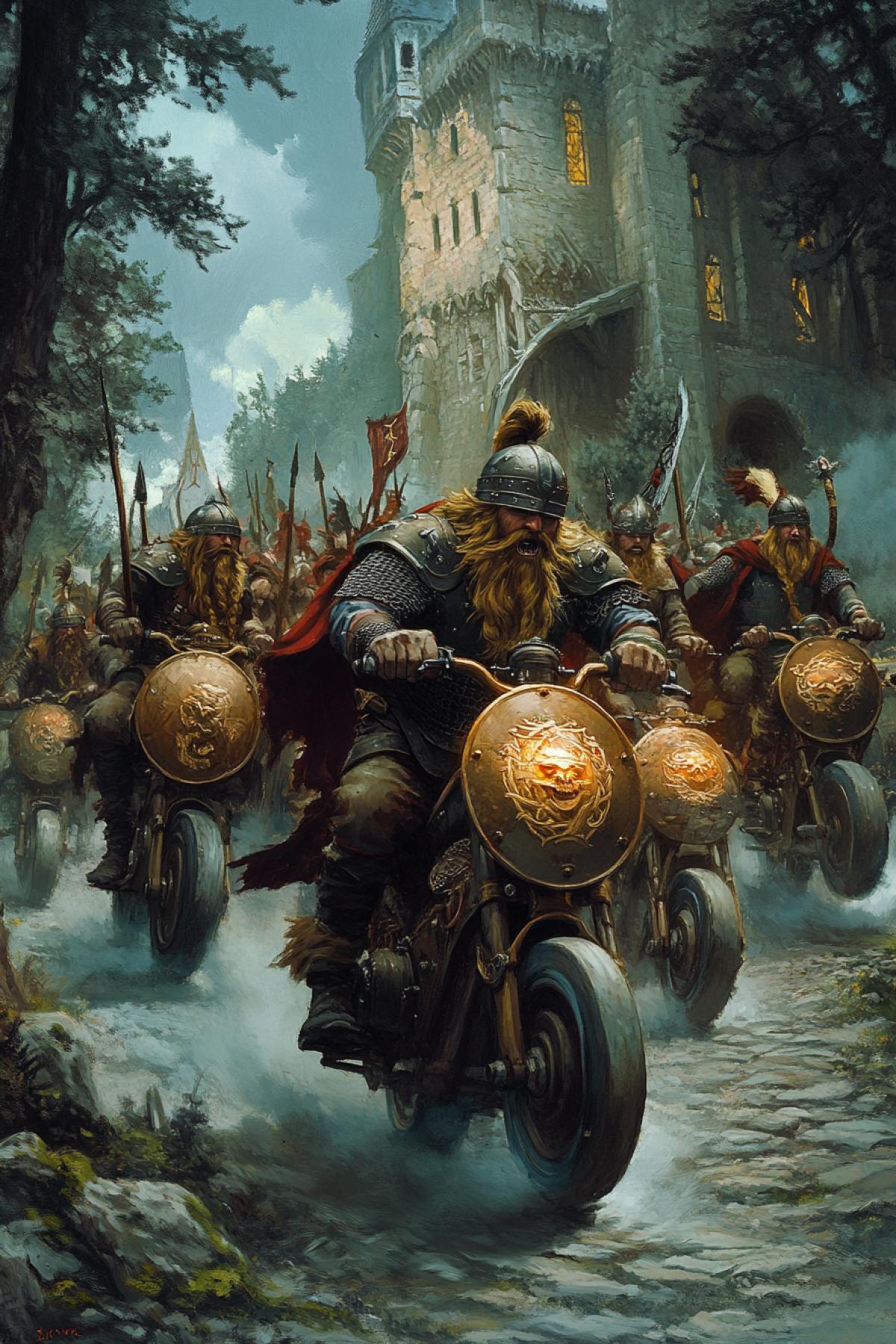 Raid of thirty three ferocious vikings on a large rich village, all Vikings on electrical childrens scooters