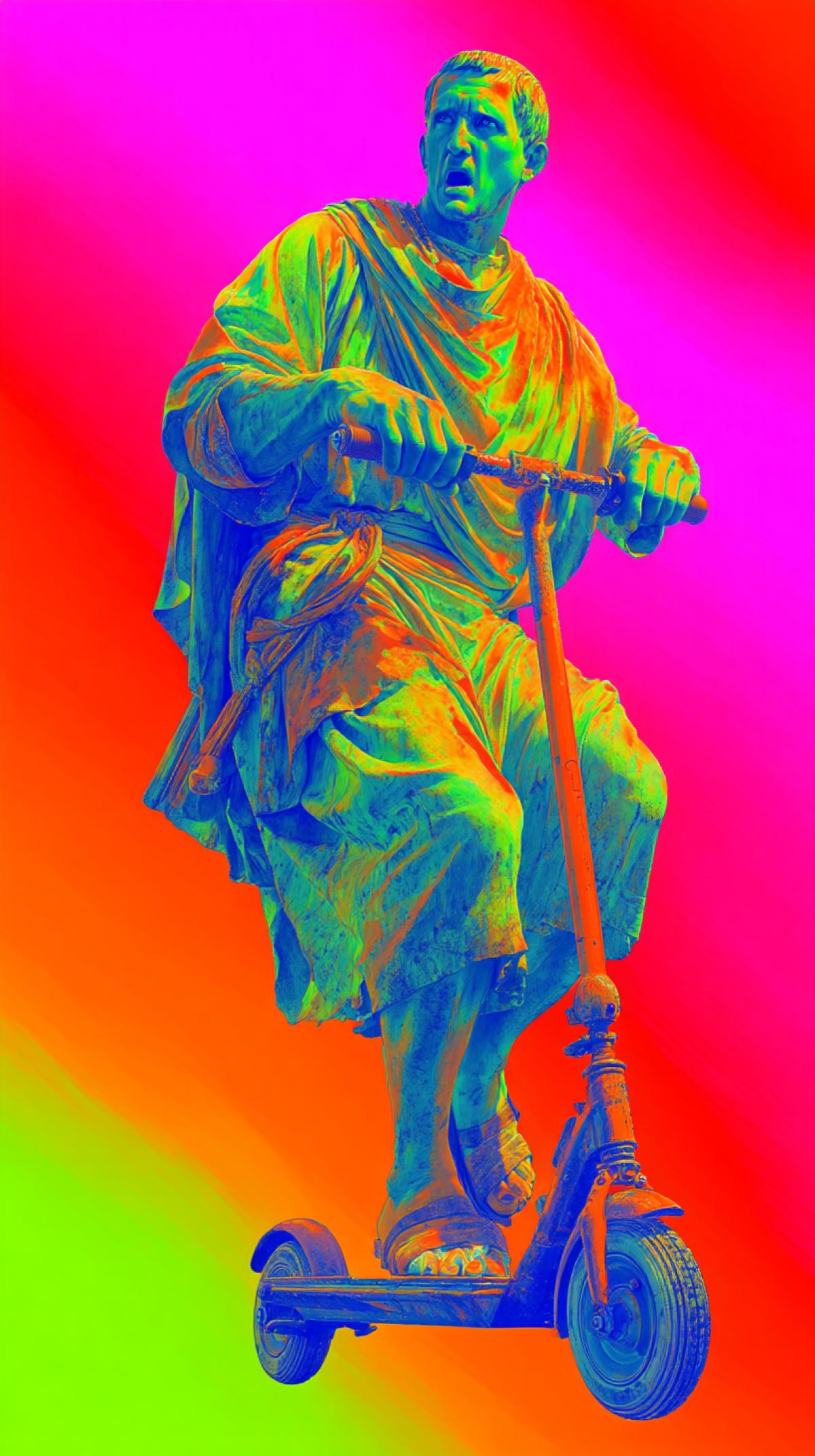 Julius Caesar on a childrens scooter, looking surprised, comedic, vibrant colors