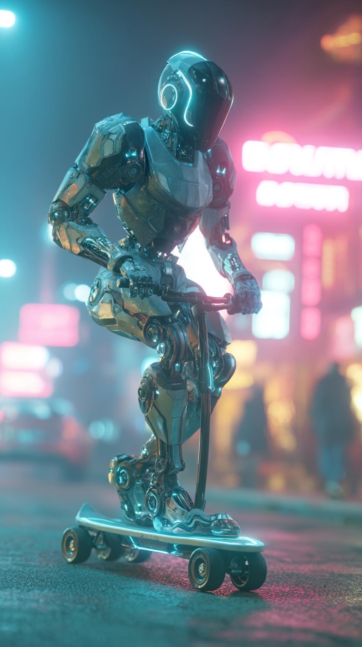 A futuristic robot riding a sleek electric childrens scooter through a neon-lit city at night, hyperrealistic, 8k