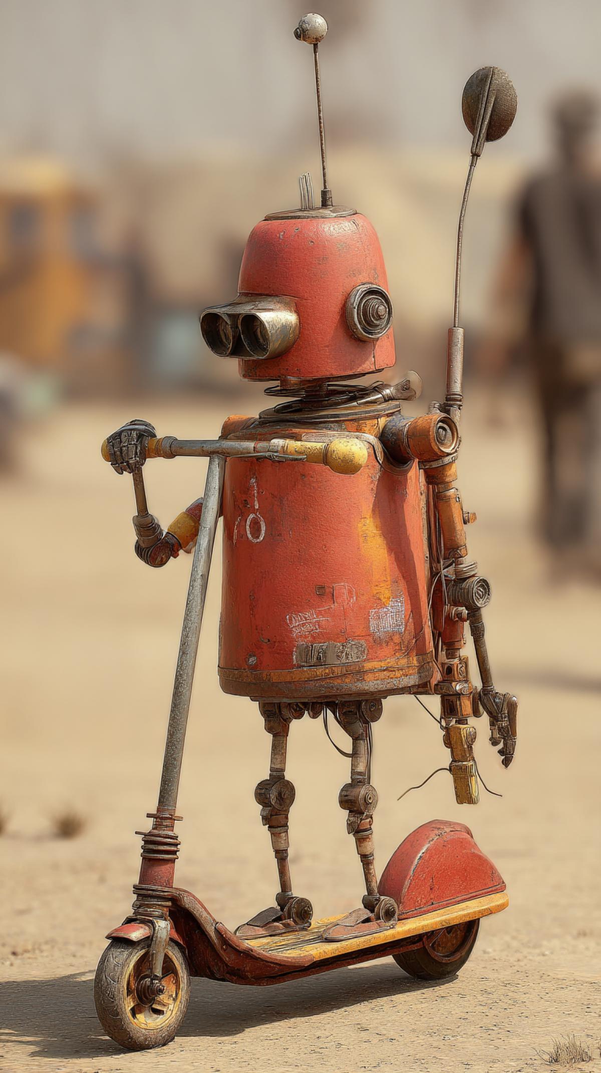 A rusty, vintage robot on a beat-up childrens scooter, post-apocalyptic setting, gritty, detailed, artstation