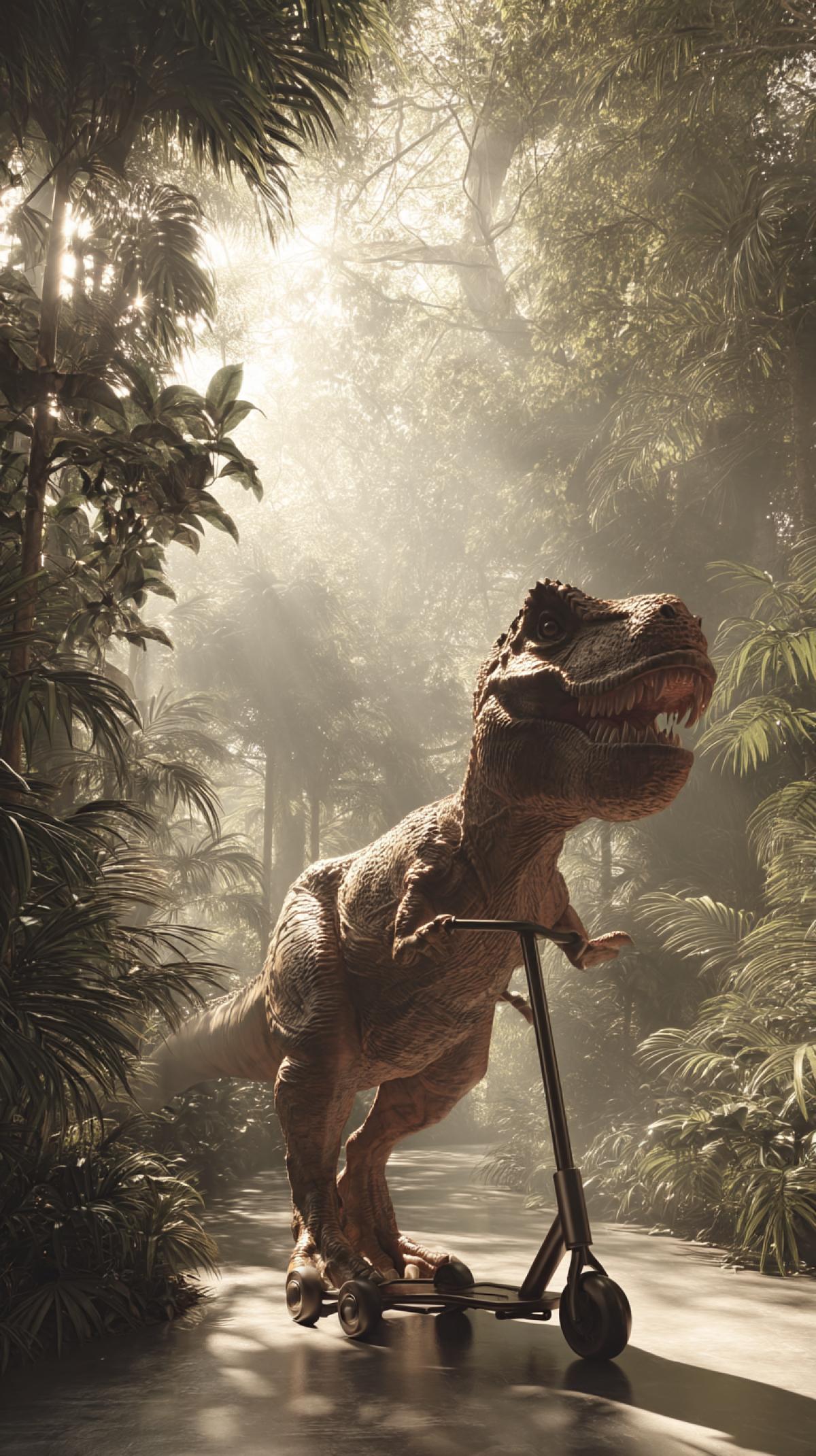 Majestic Tyrannosaurus Rex gracefully glides on a big childrens scooter through a prehistoric jungle, cinematic lighting, epic scale