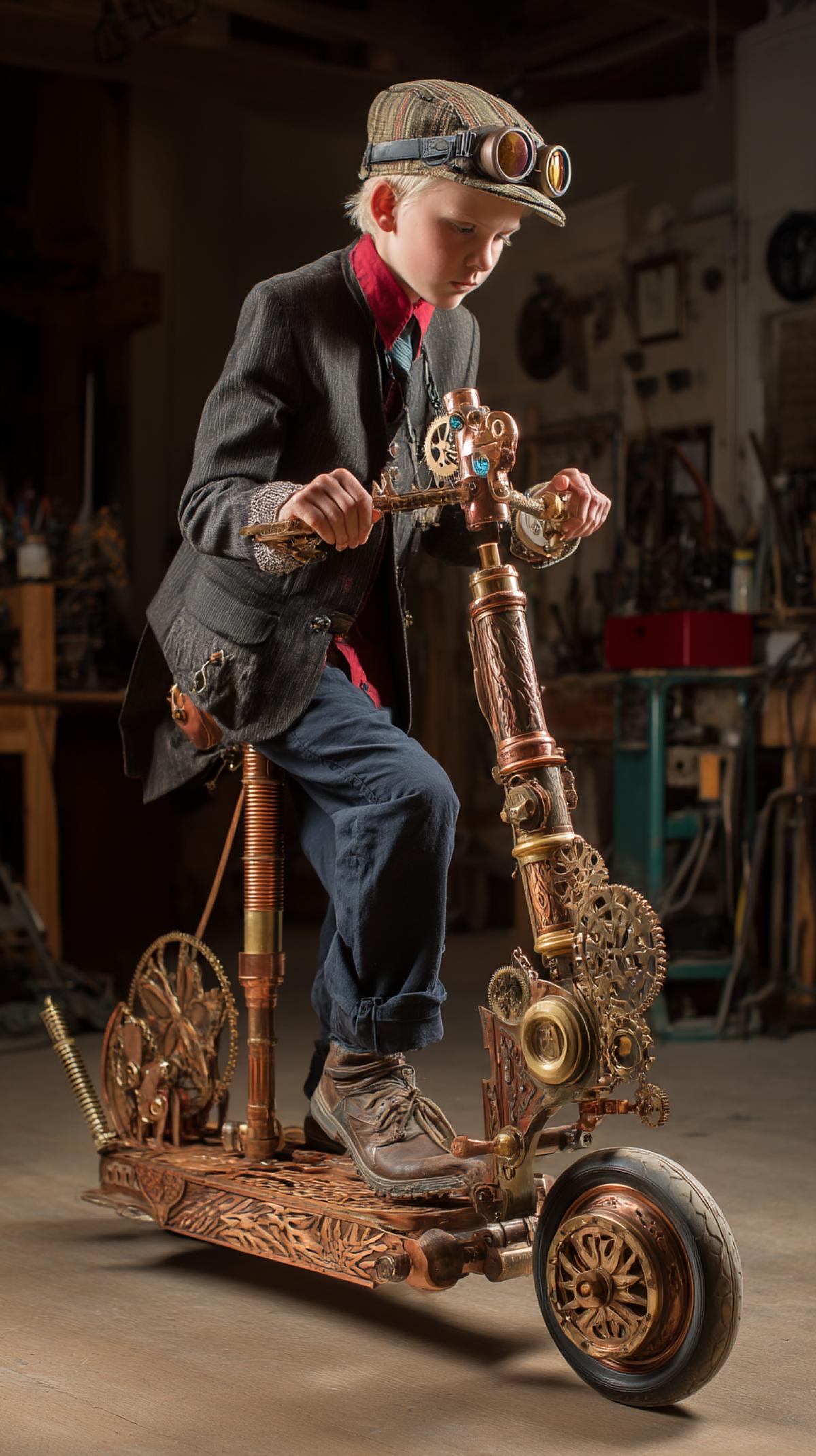 Leonardo da Vinci riding a custom-built steampunk childrens scooter, intricate details, workshop background, dramatic lighting