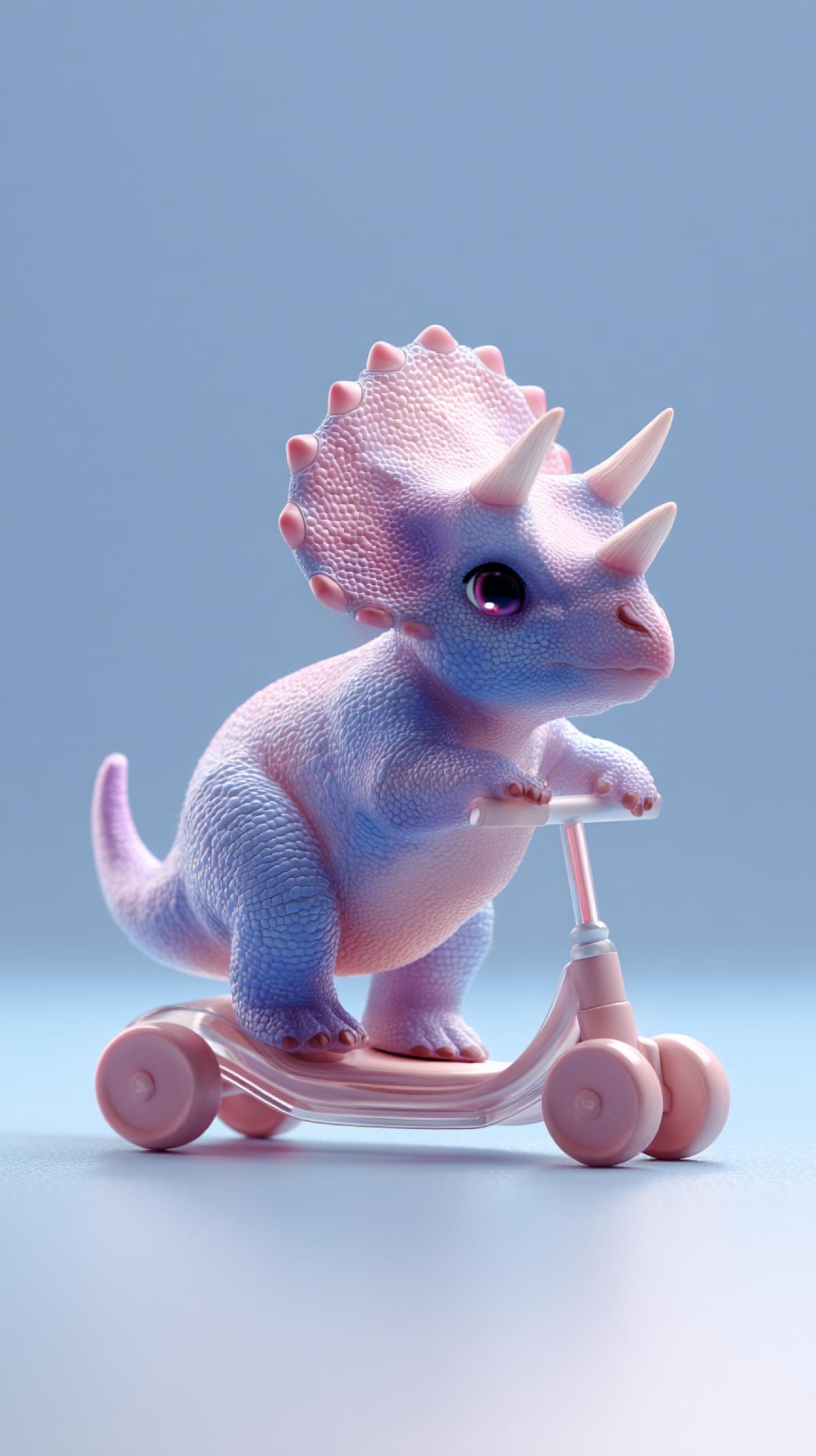 A cute baby Triceratops on a tiny childrens scooter, pastel colors, whimsical, artstation