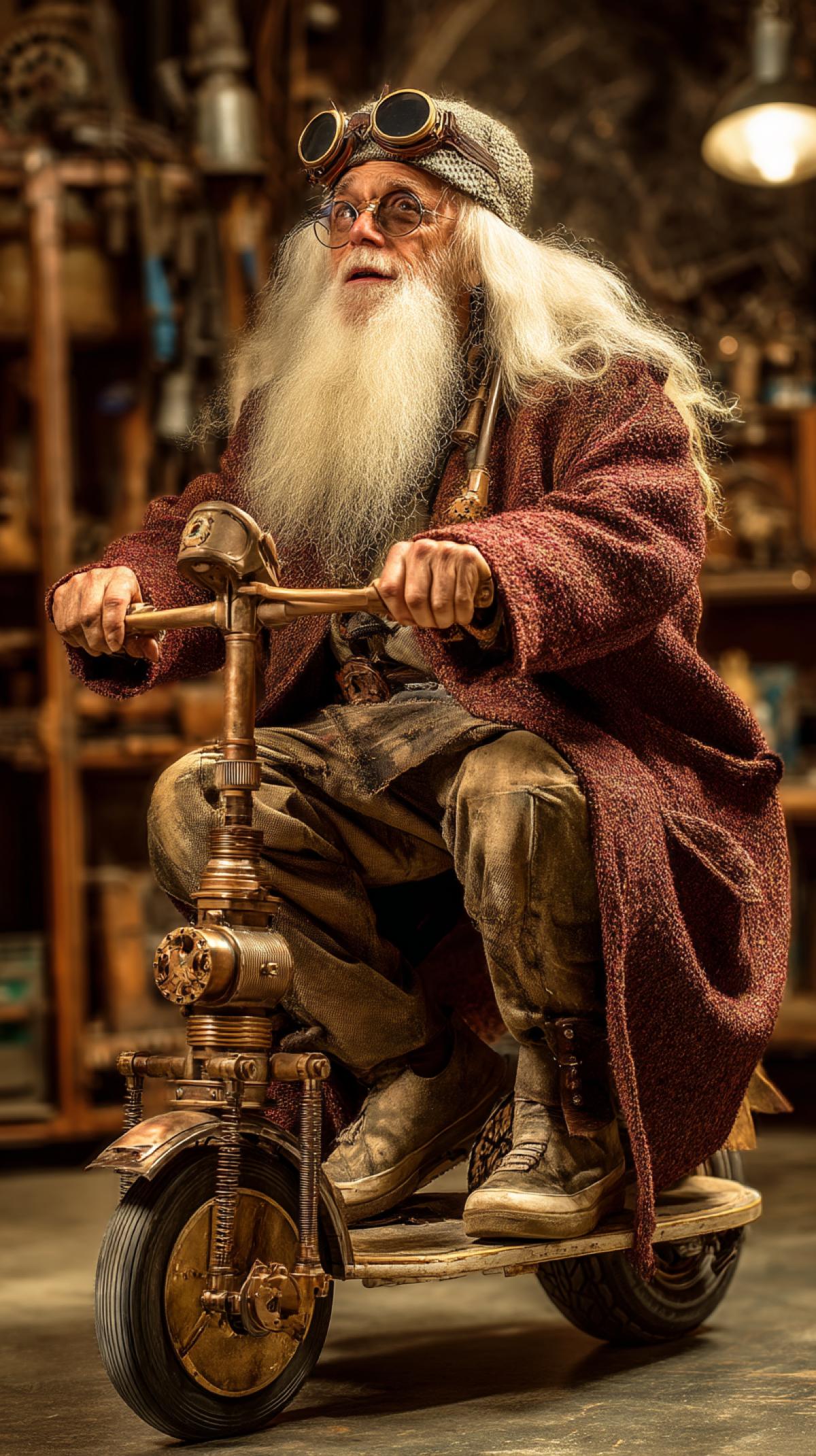 Leonardo da Vinci riding a custom-built steampunk childrens scooter, intricate details, workshop background, dramatic lighting