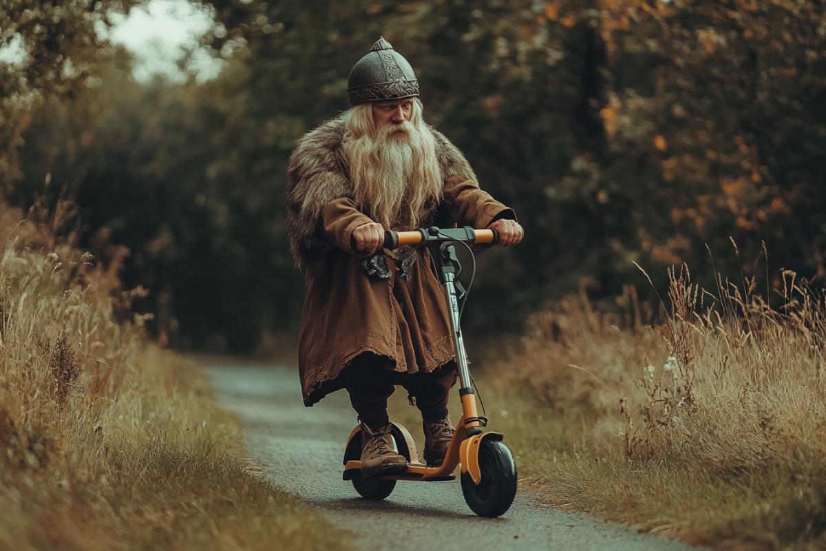 Ancient Viking moves on a modern childrens scooter