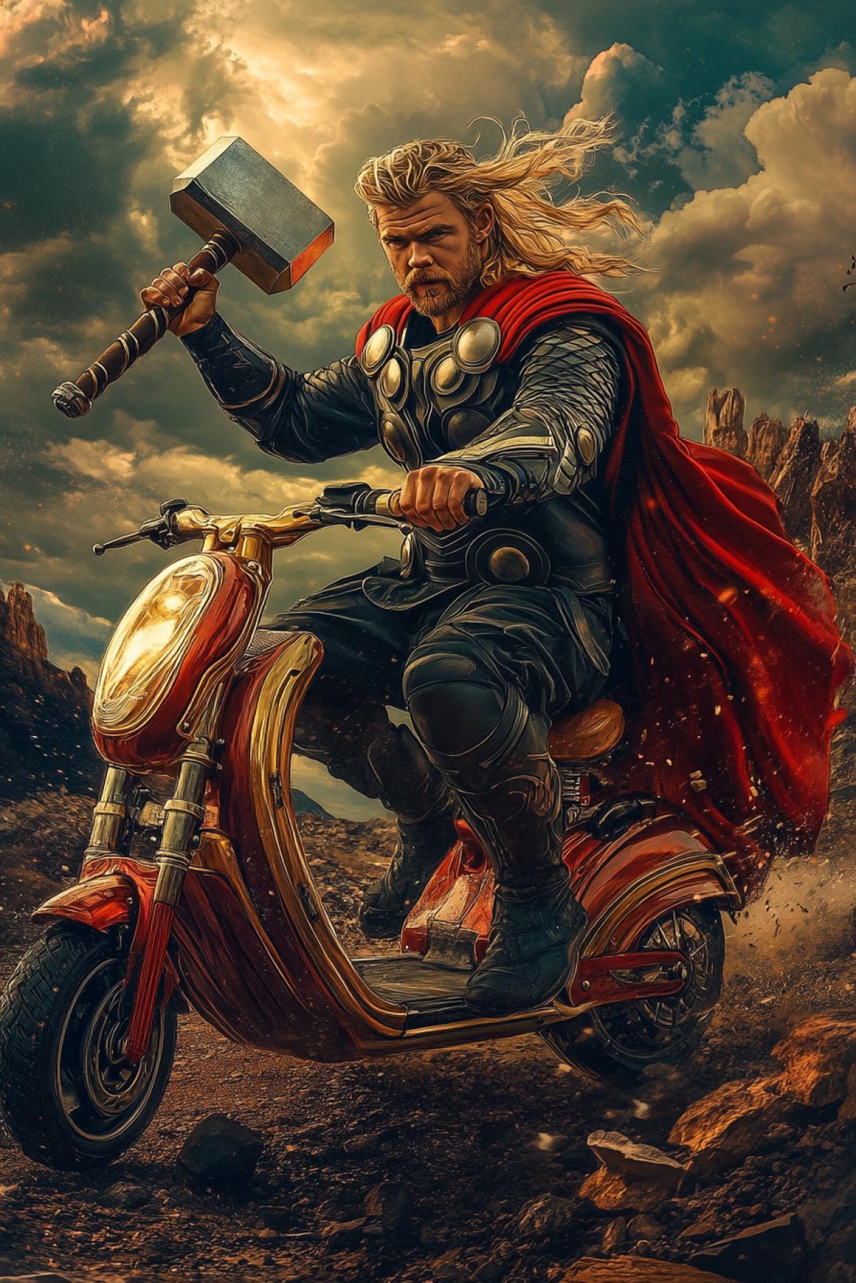 Thor with a hammer on a childrens scooter on Asgard