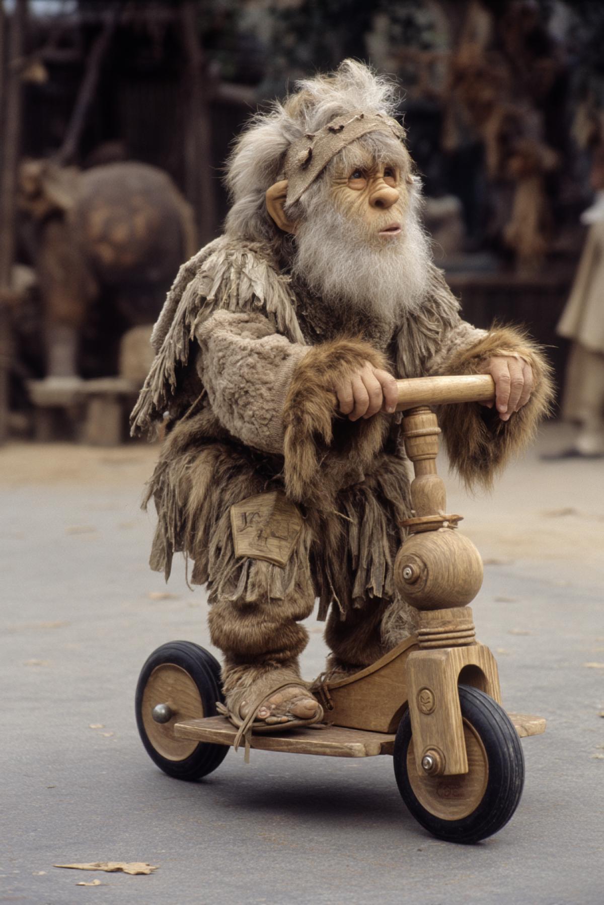 The missing link between man and ape, dressed in animal skins, rides a wooden childrens scooter. A naturalists photograph made in the style of the cartoon The Flintstones.