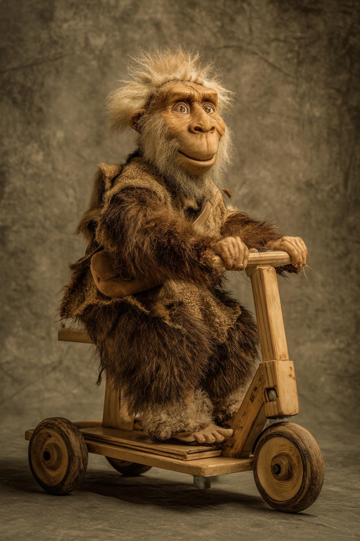 The missing link between man and ape, dressed in animal skins, rides a wooden childrens scooter. A naturalists photograph made in the style of the cartoon The Flintstones.