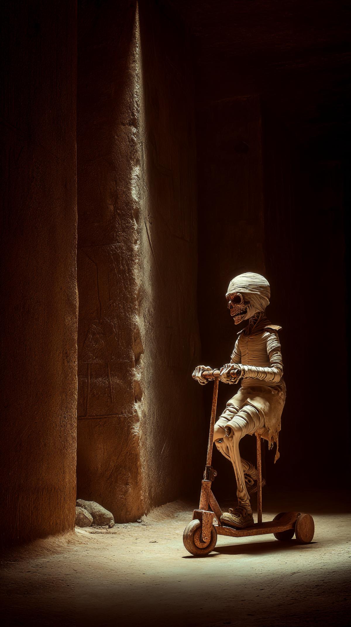A mummy on a childrens scooter rides inside his tomb, horror, cinematic lighting, epic scale
