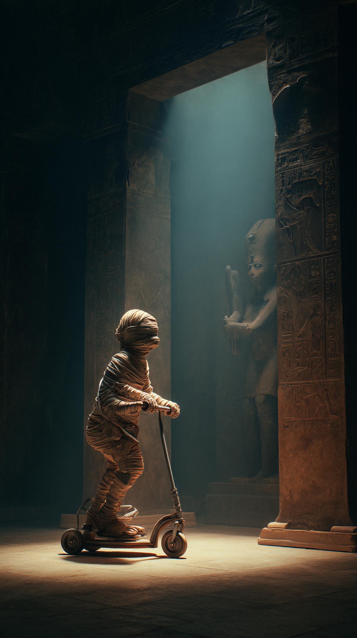 A mummy on a childrens scooter rides inside his tomb, cinematic lighting, epic scale
