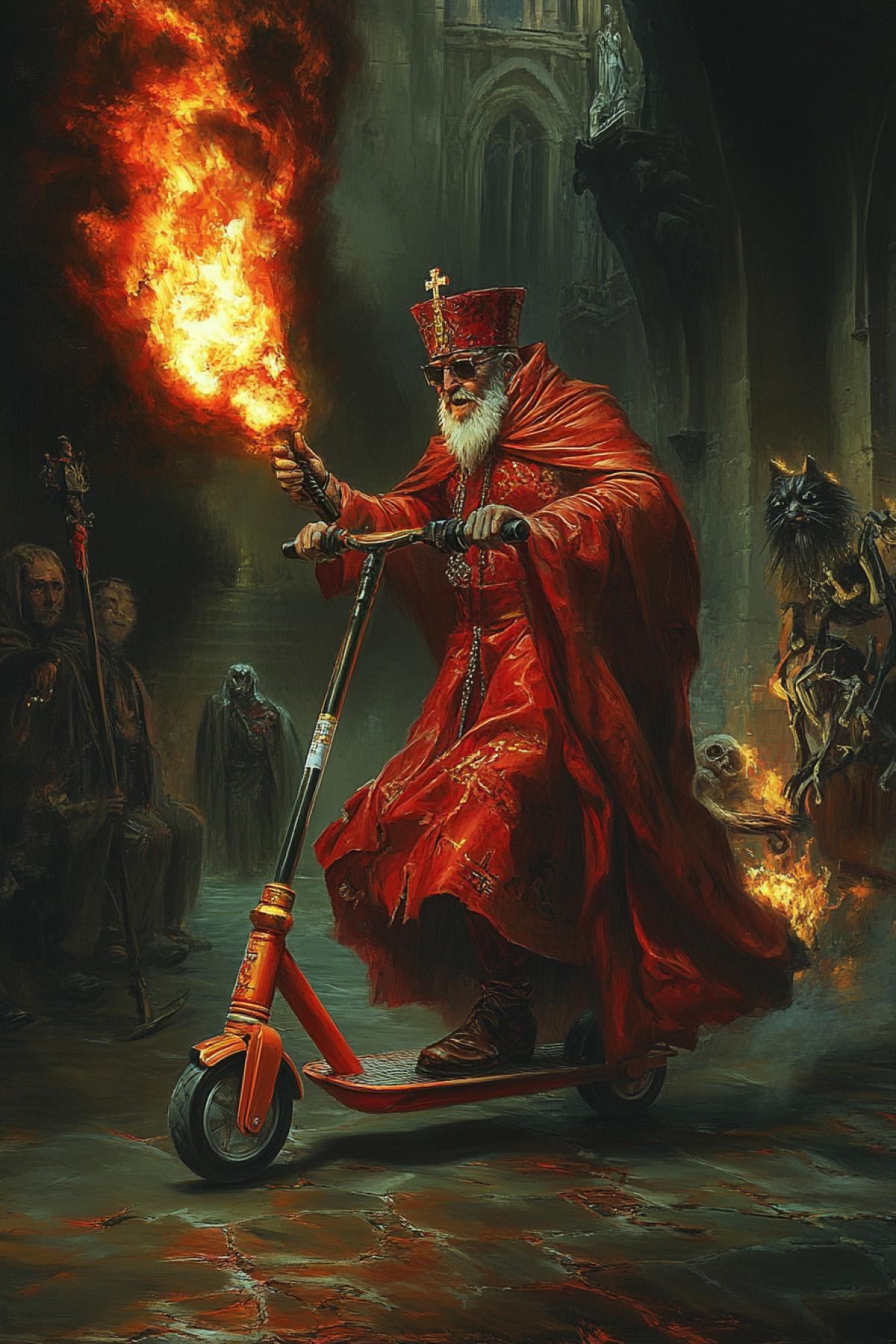 Inquisitor Cardinal with a torch set fire to a heretic on a childrens scooter for creating a childrens scooter