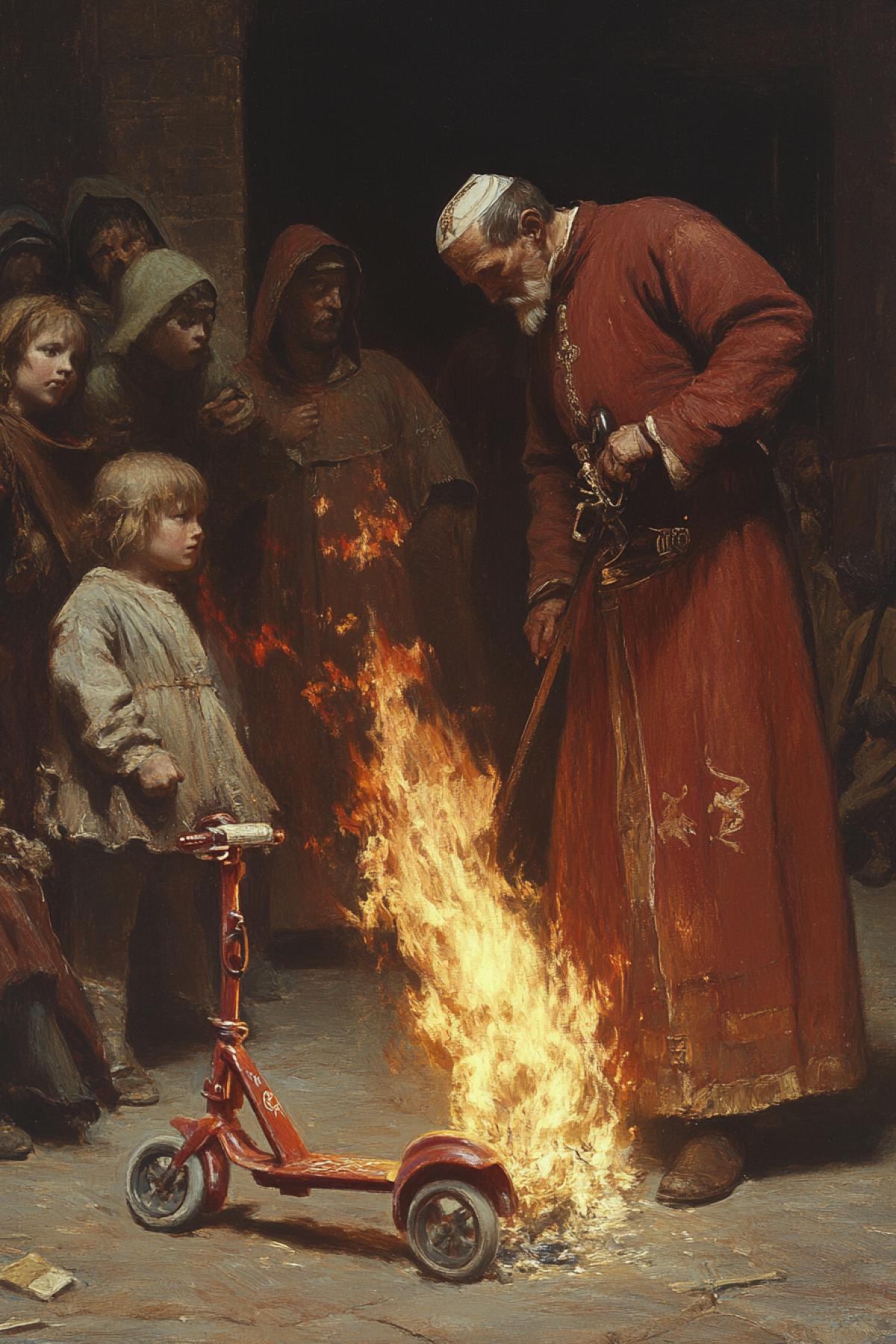 Inquisitor Cardinal burns a childrens scooter at the stake, the Middle Ages