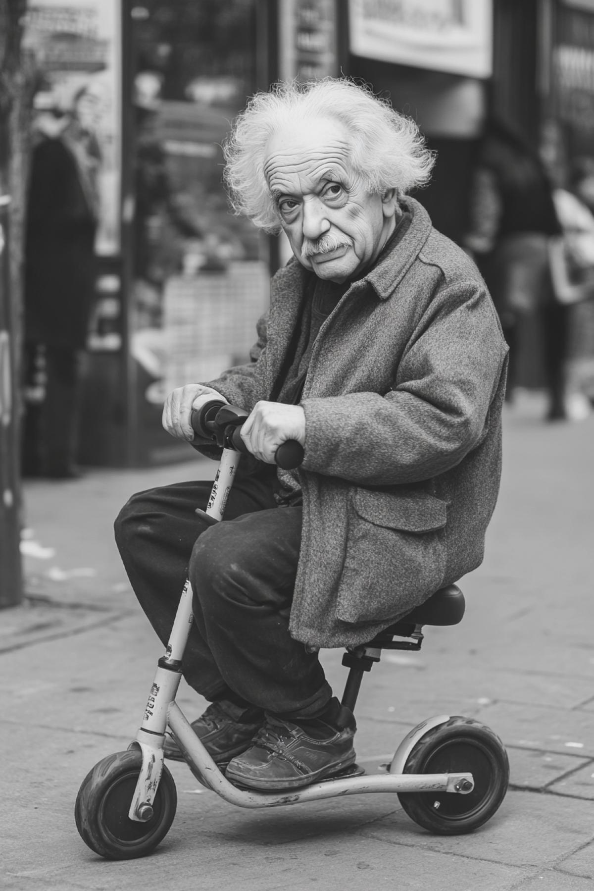 Einstein on a childrens scooter is stingy