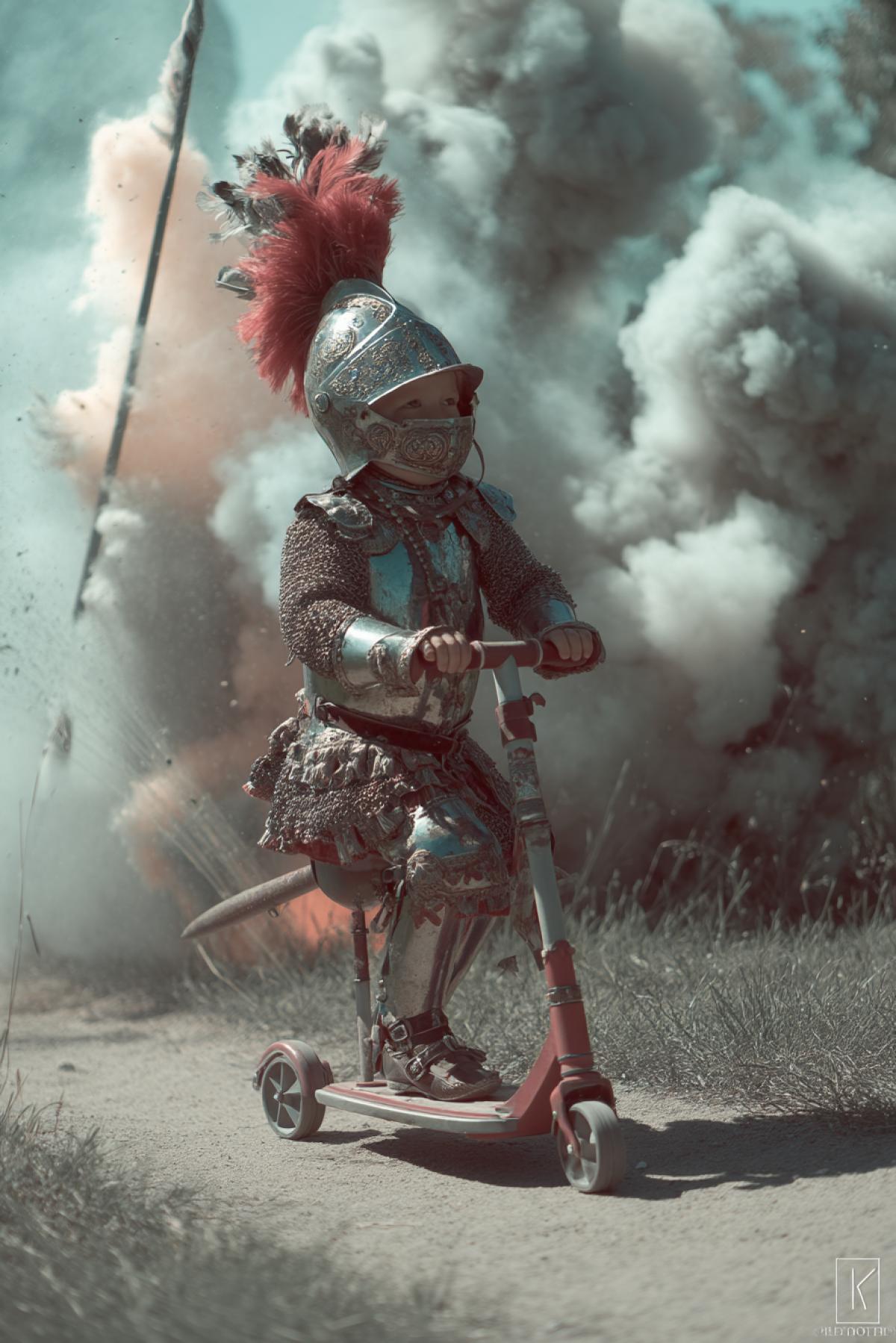Hussar on a childrens scooter in battle