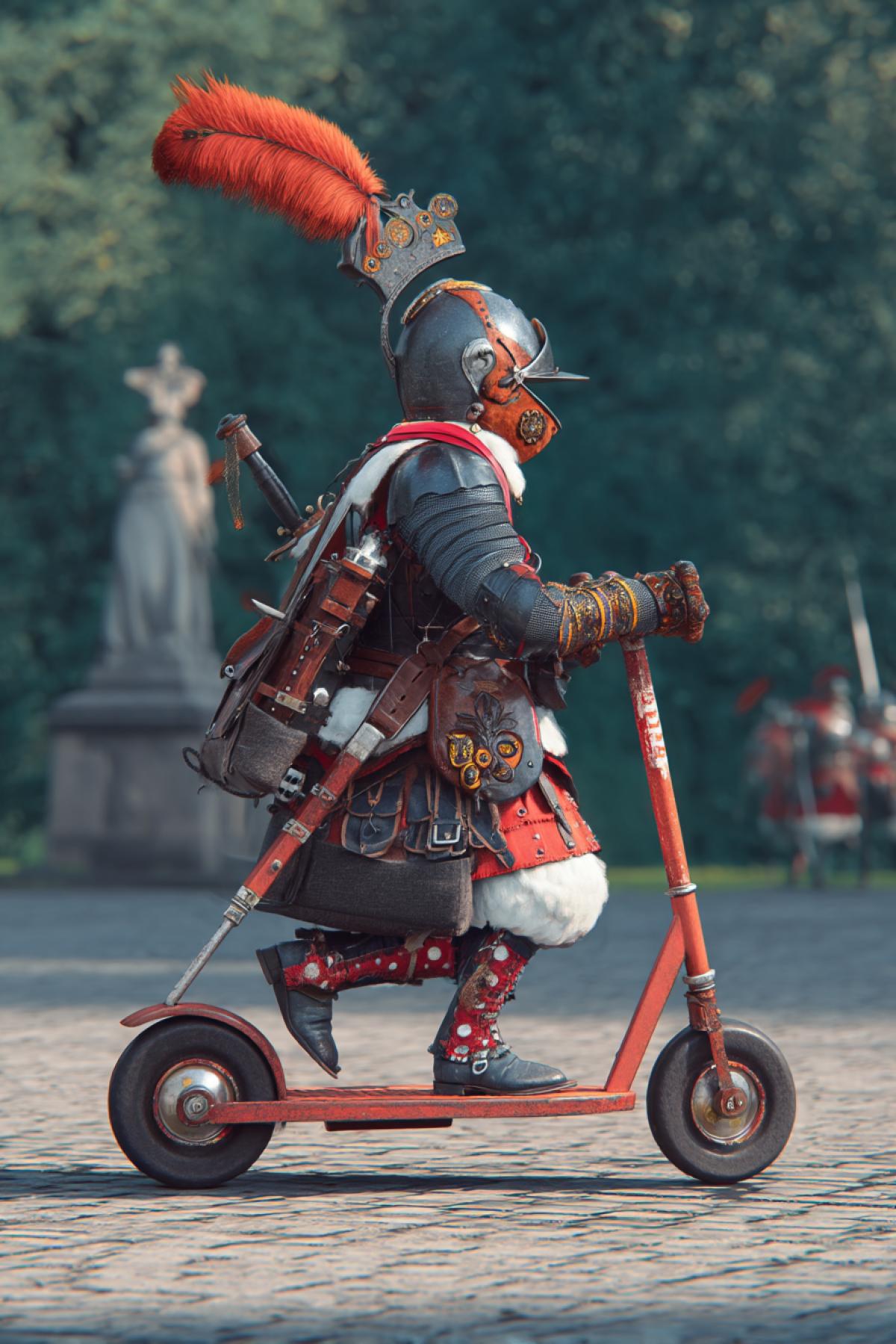 Hussar on a childrens scooter in battle