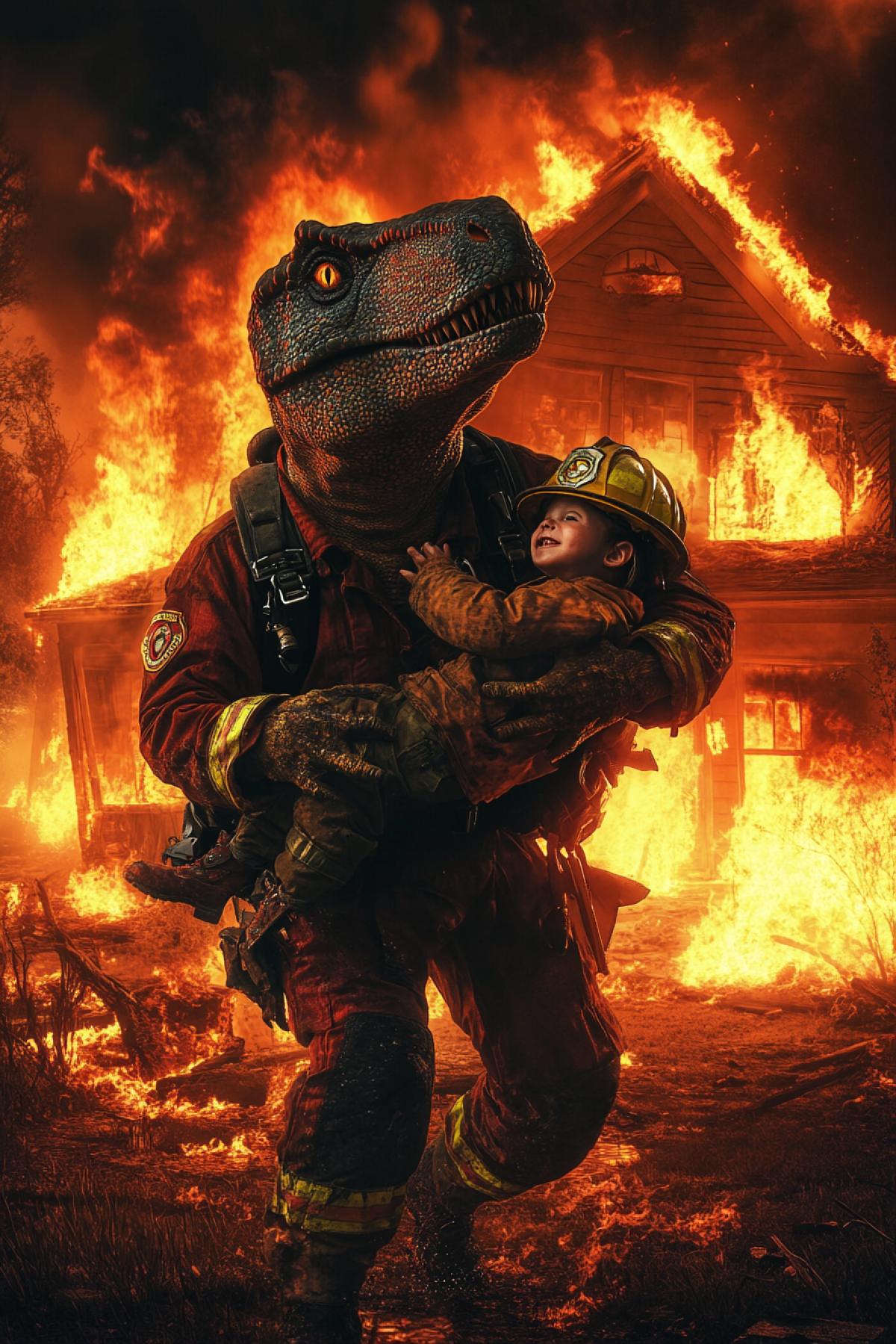 Anthropomorphic dinosaur Alrozaur in a costume of a fireman saves a child from a burning house, a burning house in the background