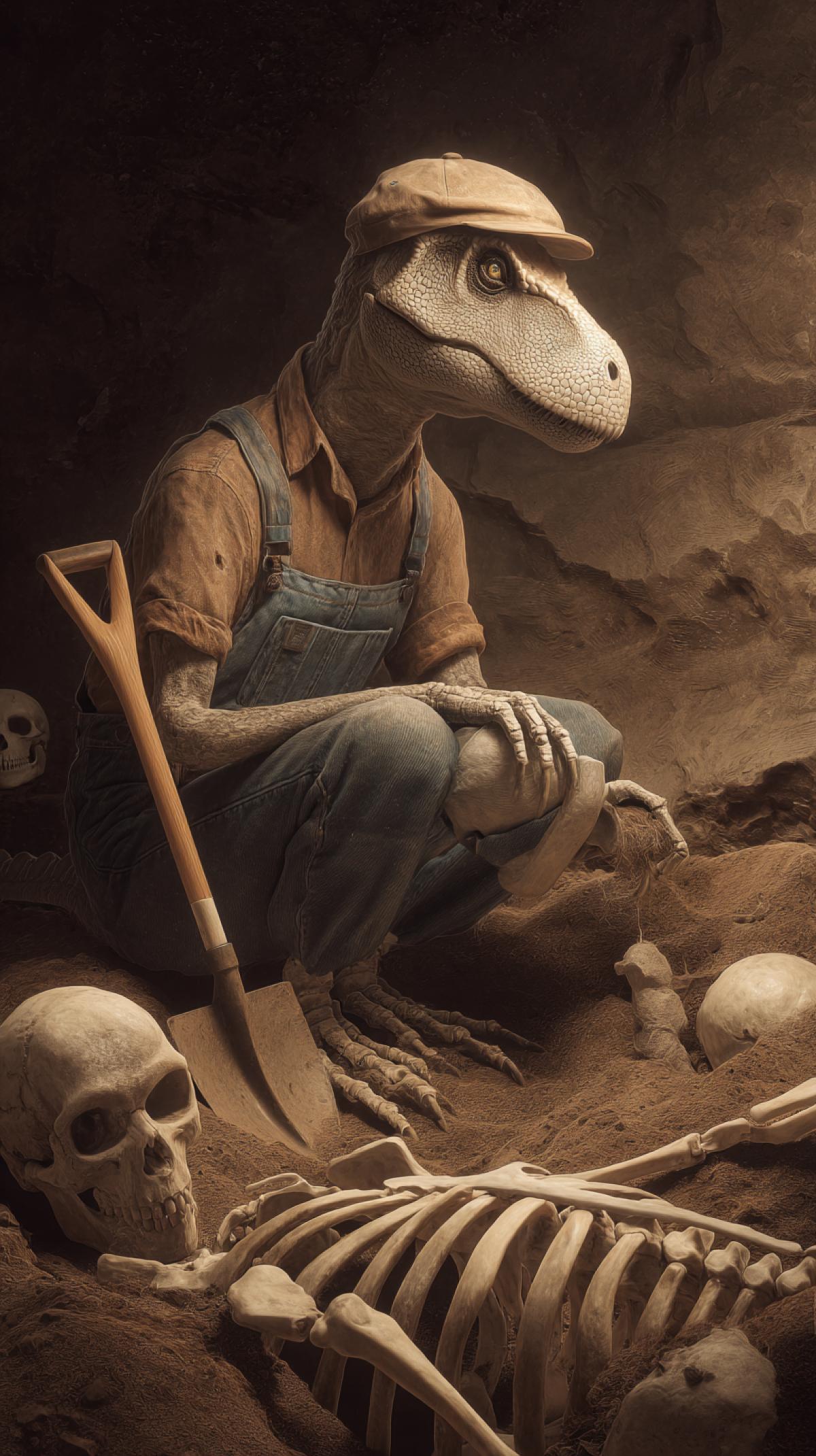 a dinosaur in the role of a paleontologist, excavating ancient bones, a shovel in the paws of a dinosaur, overalls, a cap, a big human skeleton in the ground, photoshop