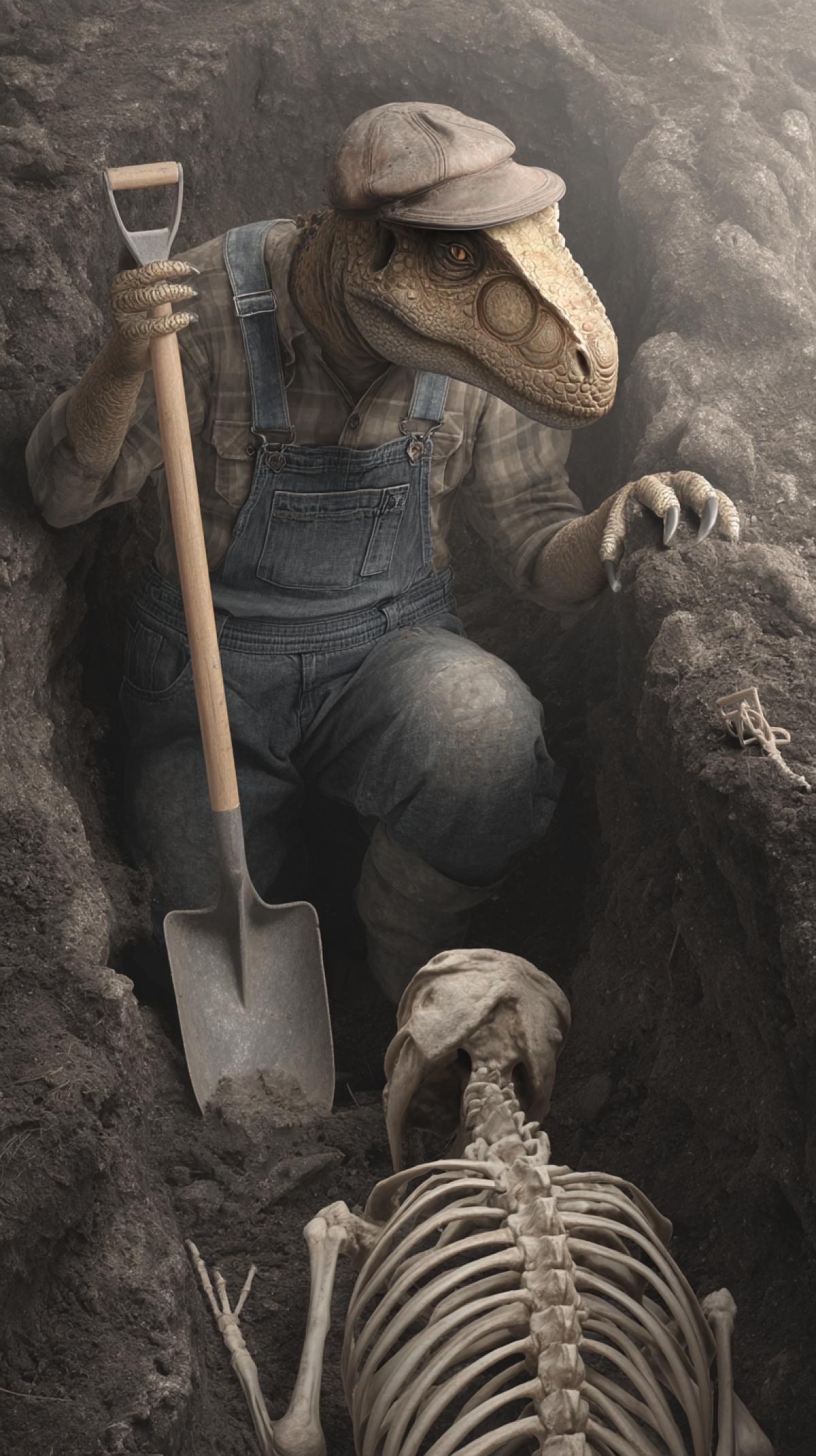 a dinosaur in the role of a paleontologist, excavating ancient bones, a shovel in the paws of a dinosaur, overalls, a cap, a big human skeleton in the ground, photoshop