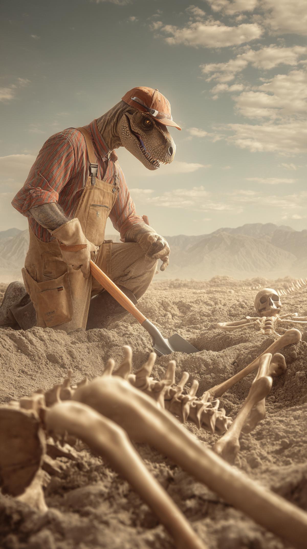 a dinosaur in the role of a paleontologist, excavating ancient bones, a shovel in the paws of a dinosaur, overalls, a cap, a big human skeleton in the ground, photoshop