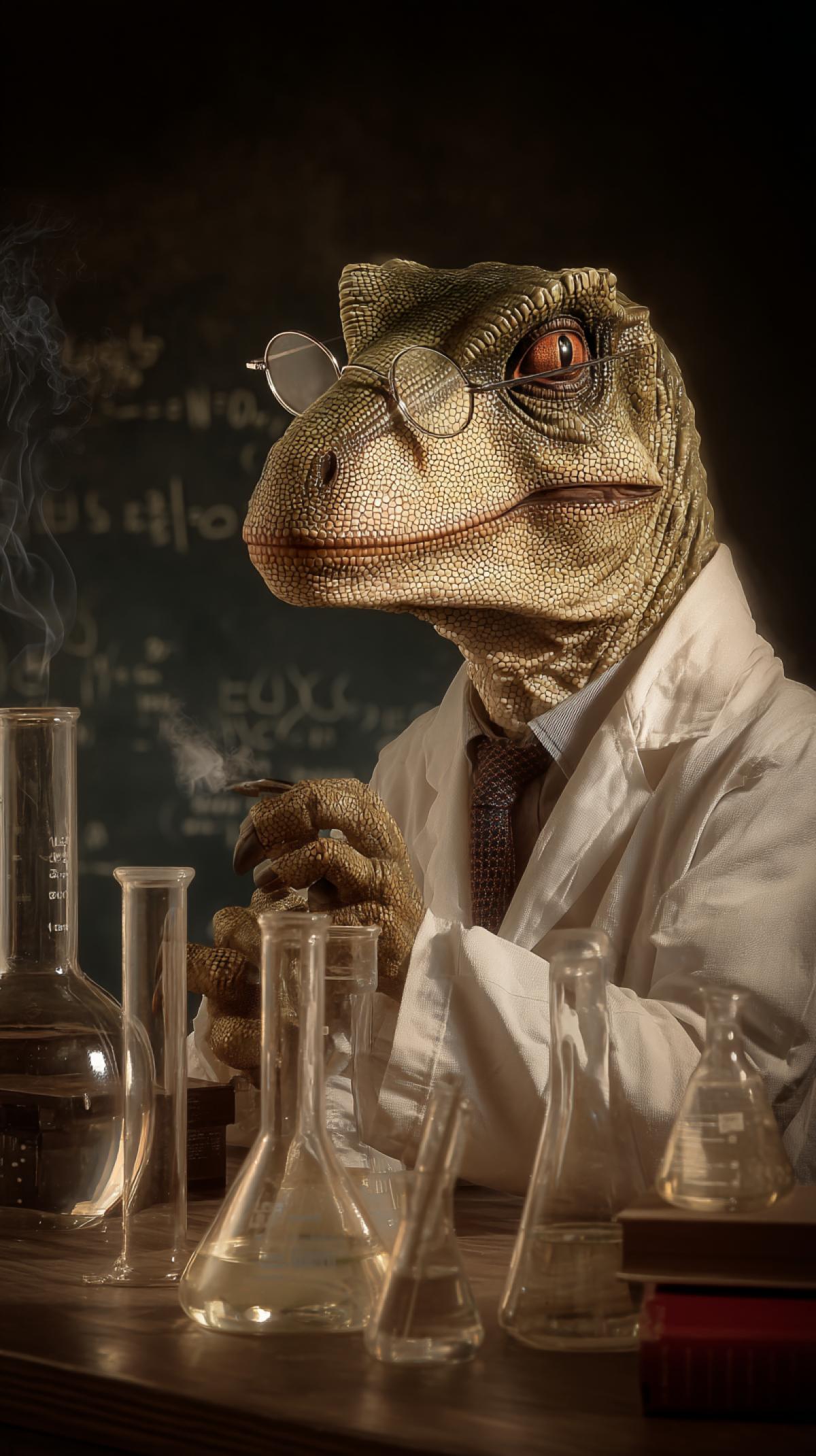 dinosaur in the role of a chemistry professor, wearing glasses and a white coat, glass flasks on the table, chemical experiment, photoshop