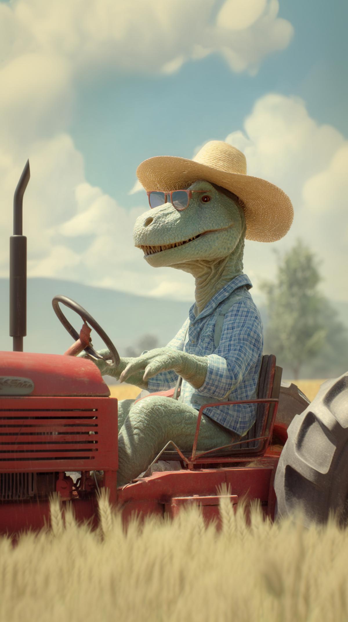 dinosaur as a farmer, driving a tractor in a field, smile, sunny day, summer, photoshop
