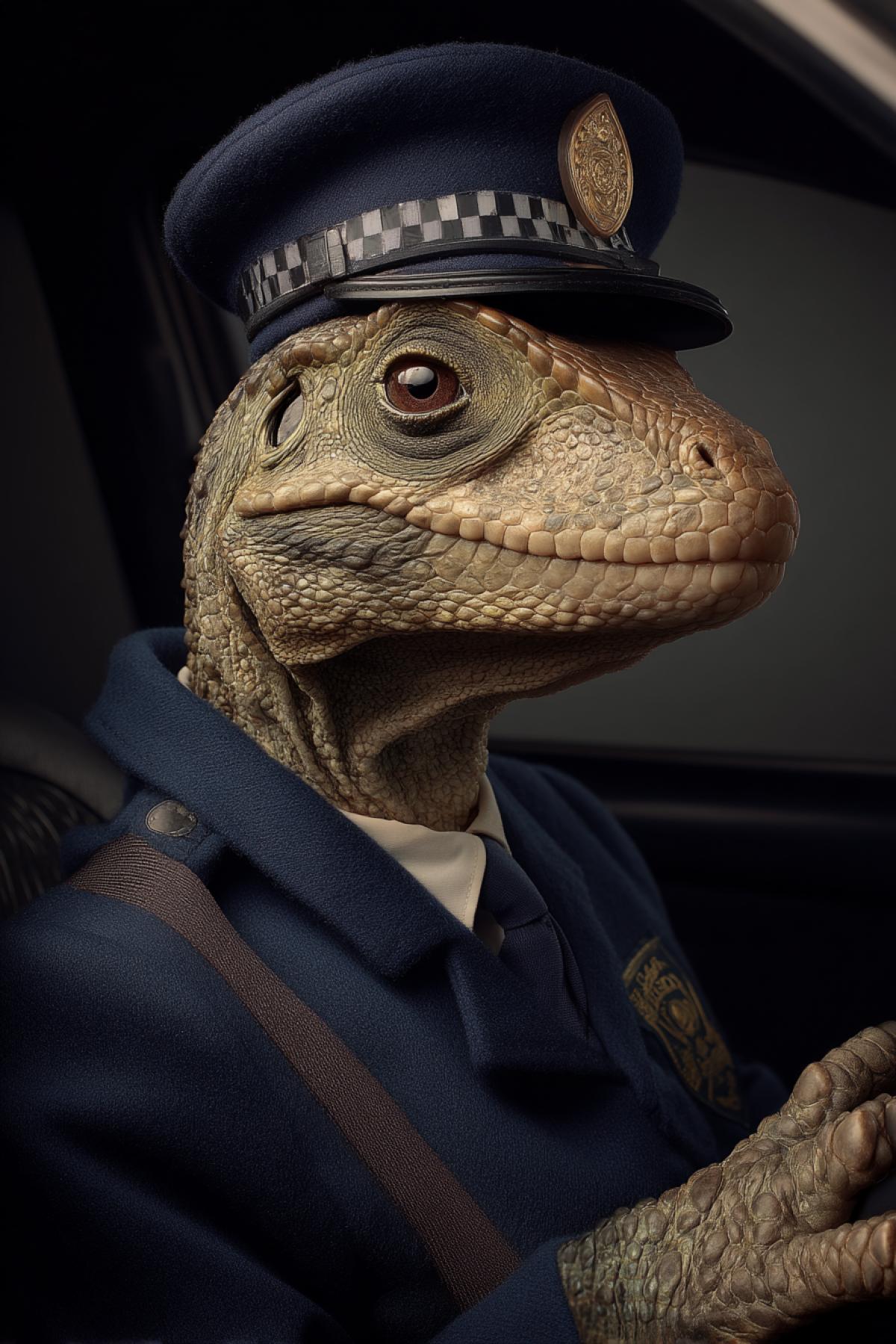 Dinosaur at the profession of traffic police inspector