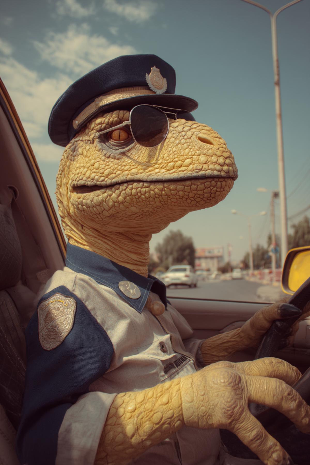 Dinosaur at the profession of traffic police inspector