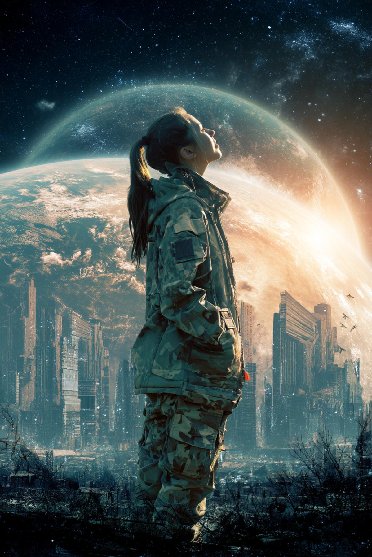 Beautiful 23yo girl smiling dragonfly wearing cargo suit on the background of futuristic moonscape detailed city within glass transparent dome dark cosmic space outside starry dark sky bright sun disk no rays and enormous planet of earth high contrast bright colours