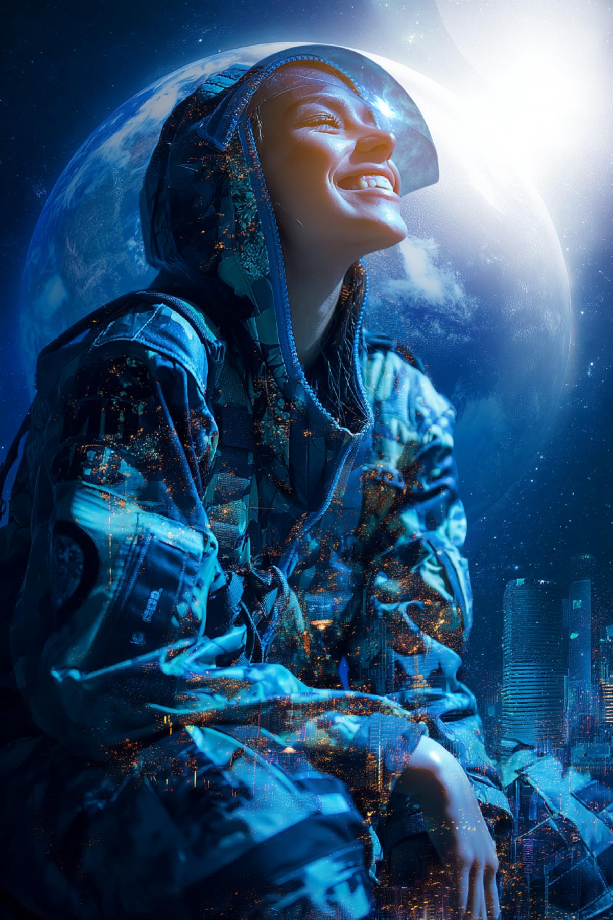 Beautiful 23yo girl smiling dragonfly wearing cargo suit on the background of futuristic moonscape detailed city within glass transparent dome dark cosmic space outside starry dark sky bright sun disk no rays and enormous planet of earth continents distinguished high contrast bright colours