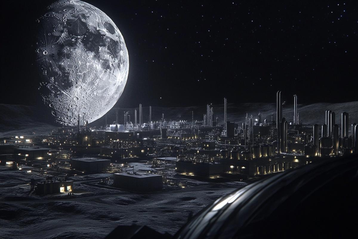 The moon shows laboratories and factories, human civilization