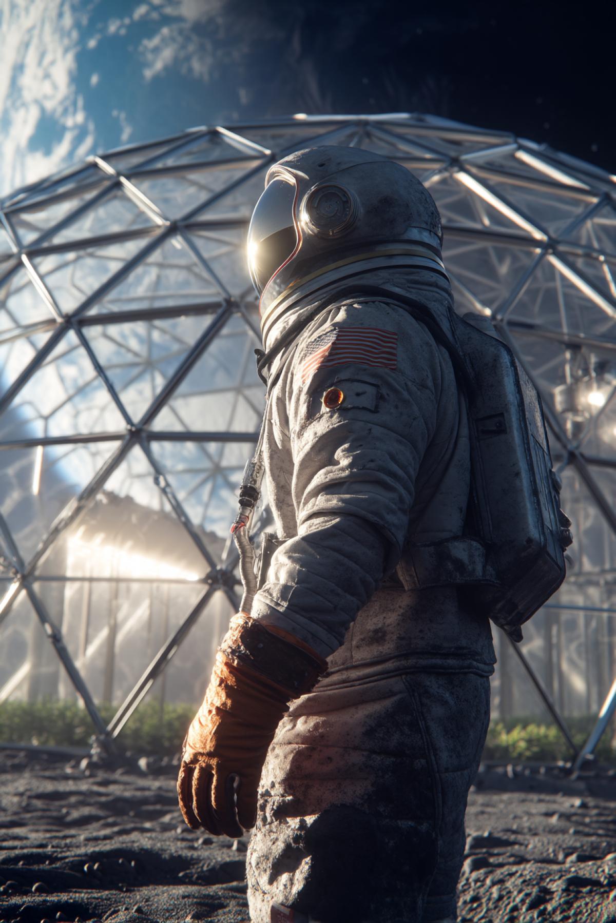 lunar colony farmer standing in front of a glowing geodesic greenhouse on the Moon, Earth visible in the sky above, futuristic but practical space suit with dirt-stained gloves, vertical shot, cinematic lighting, sci-fi realism