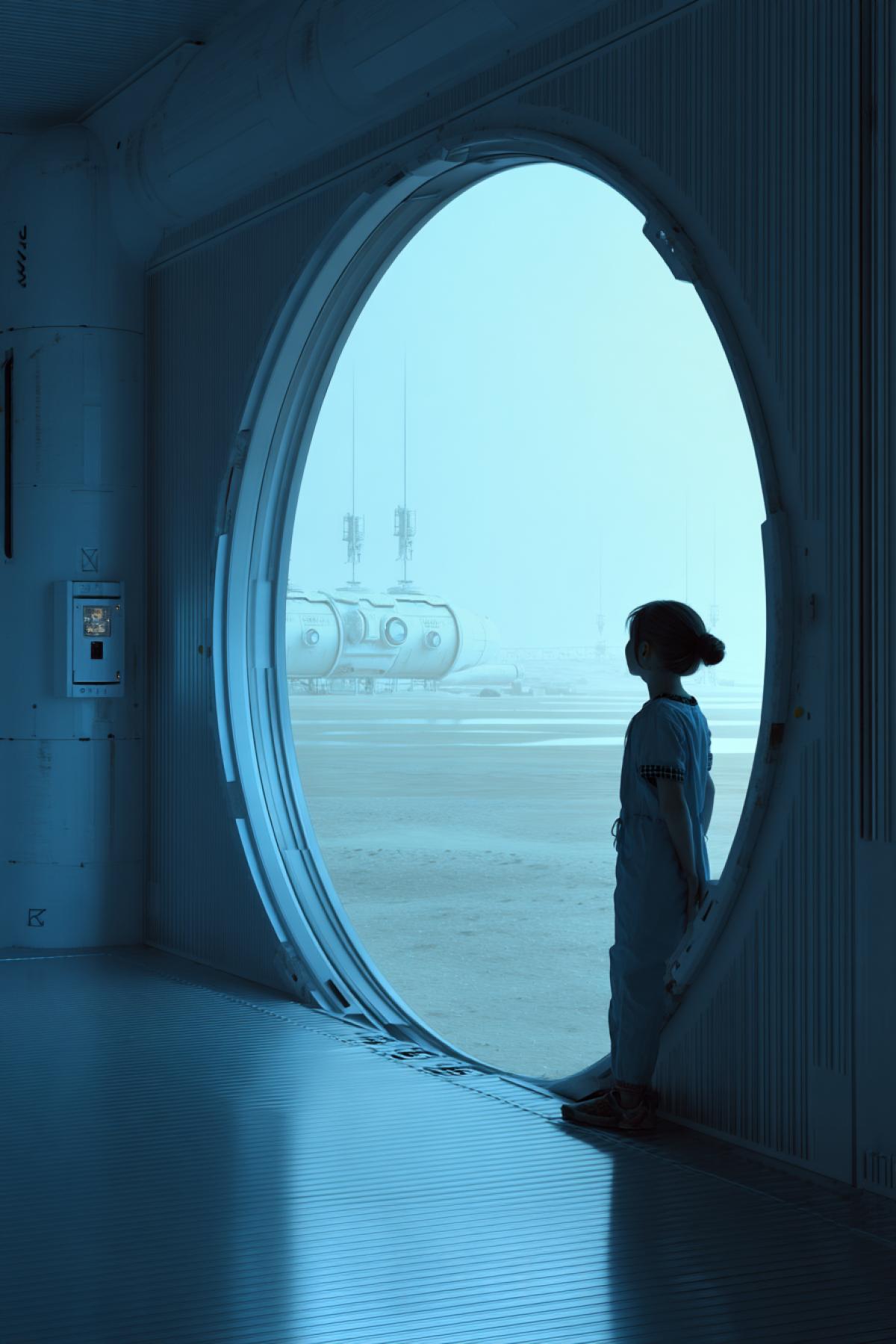 young girl in a lunar habitat corridor looking out of a large circular window at the Moons surface and distant colony modules, soft blue lighting, feeling of wonder and isolation, futuristic interior details, vertical sci-fi portrait