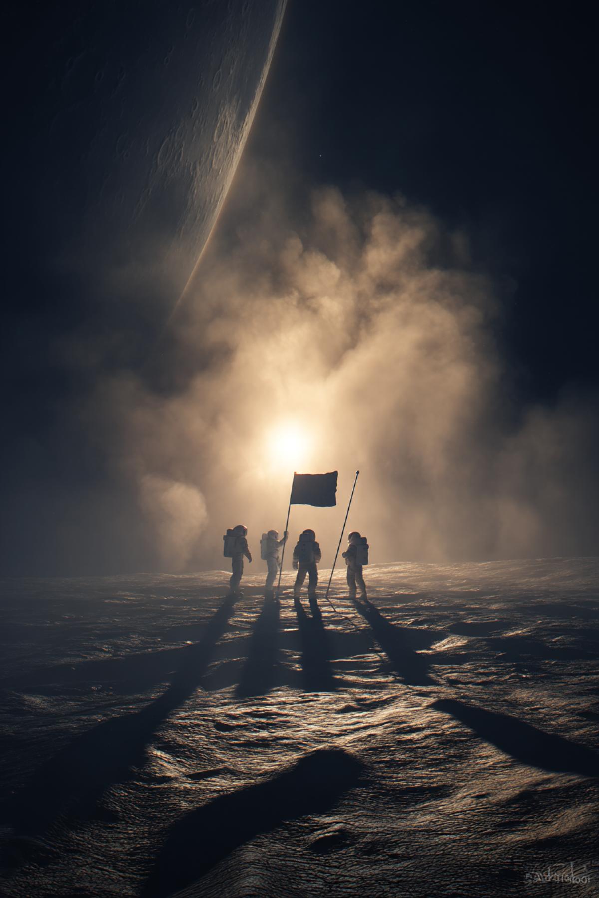 lunar colonists in sleek futuristic suits raising a new flag on the Moon’s surface, dramatic dust rising, low sun casting long shadows, high emotion, Earth visible above, vertical epic scene with cinematic contrast