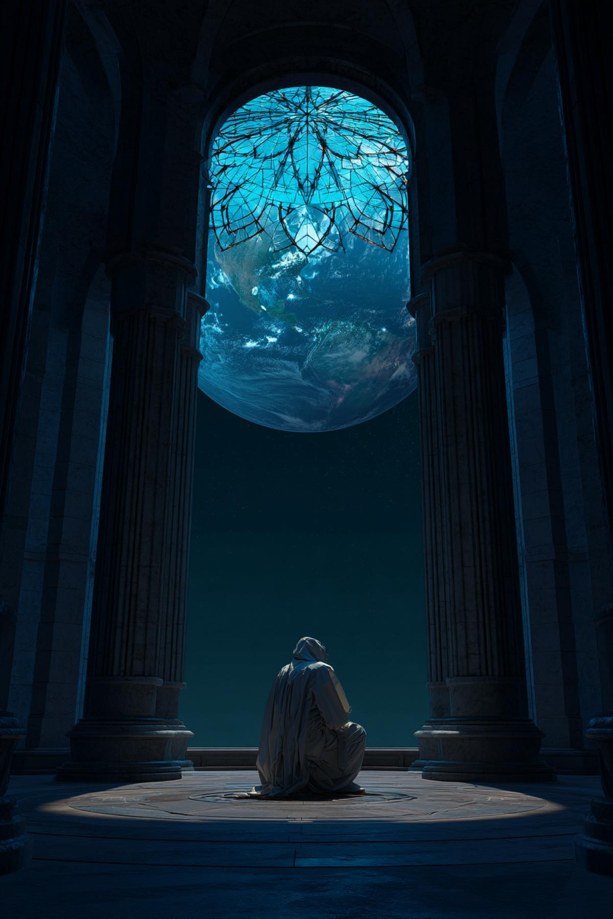 mystical lunar shrine built by colonists, dedicated to Earth, glowing blue stained-glass dome under a dark sky, a lone monk-like figure in minimalist space robes kneeling in prayer, Earth glowing directly above, vertical ethereal com4k, beautiful and futuristic atmosphere