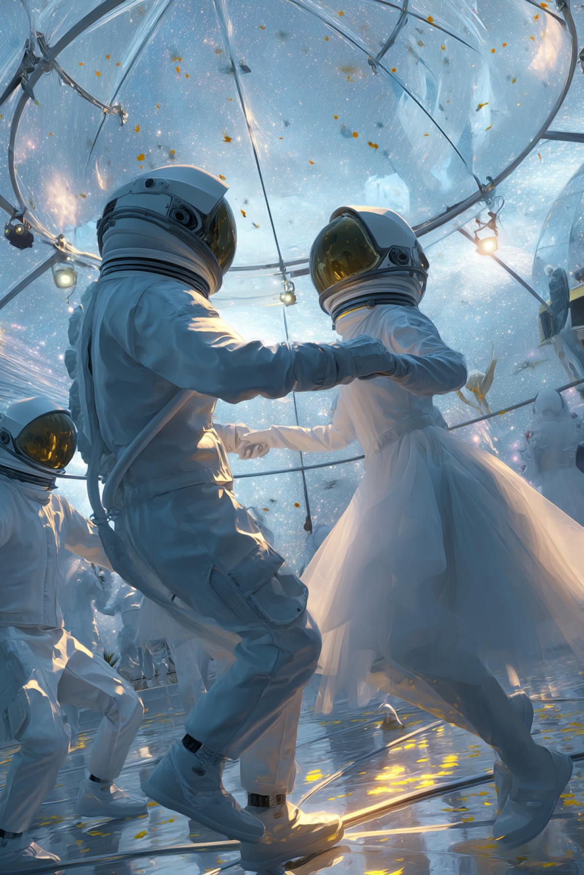 formal ball in a lunar habitat with low gravity, people in elegant space attire slowly floating, dancing in air, golden lights reflected in helmet visors, transparent dome above showing the stars and Earth, surreal romantic sci-fi painting, vertical artwork-style image