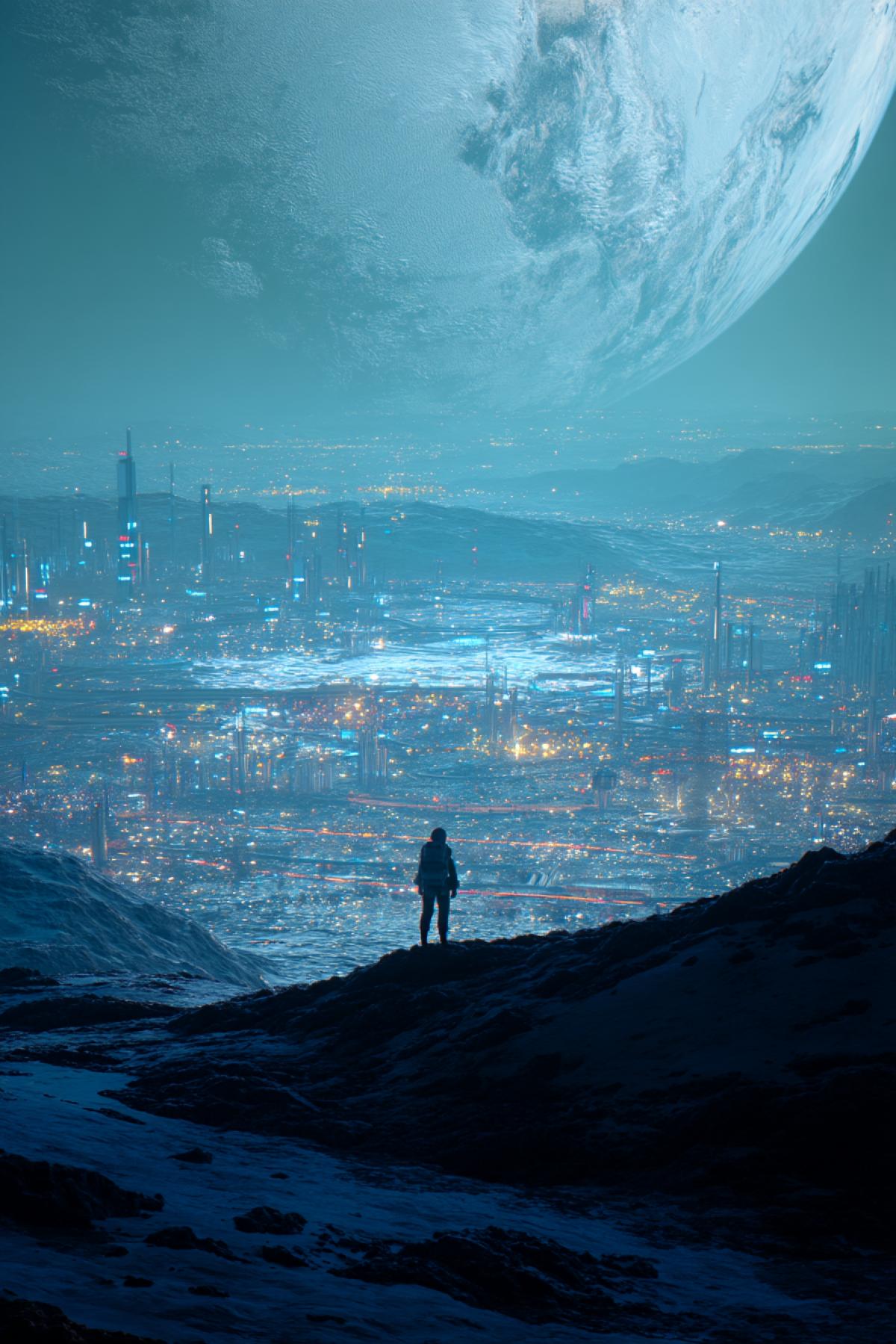 a lone lunar colonist standing on a ridge, overlooking a colossal futuristic Moon city illuminated by countless lights, with glowing towers and monorails, Earth hanging silently above, vertical wide-angle cinematic com4k, sense of scale and isolation
