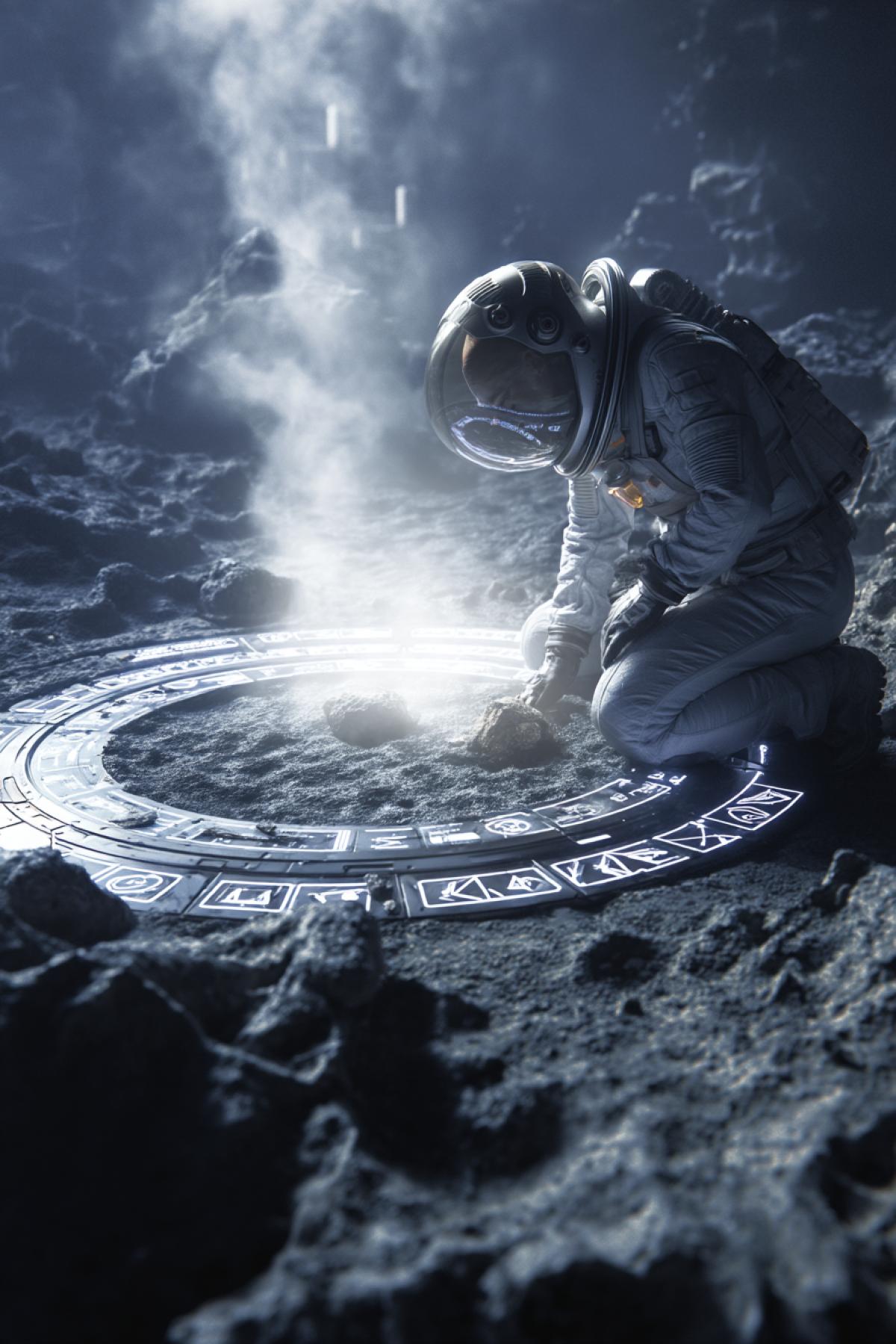 a female space archaeologist uncovering a mysterious alien relic embedded in lunar rock, glowing symbols around her, intense side light, Moon dust in the air, distant colony visible, vertical dramatic sci-fi discovery moment