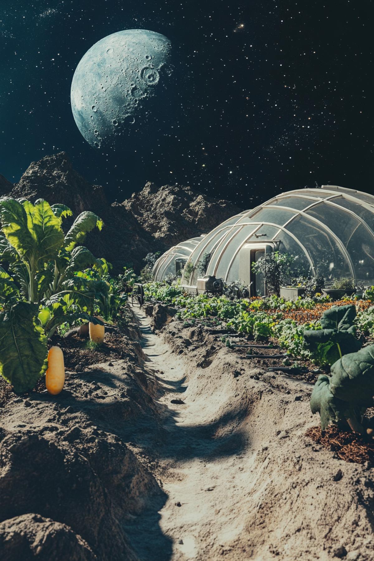 Greenhouses and plantations with vegetables on the moon