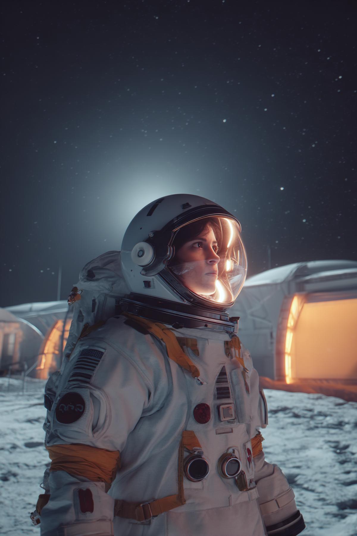 female lunar scientist standing outside at night on the Moon, illuminated by control panels and stars above, Moon base structures glowing faintly behind her, realistic space suit, calm and thoughtful mood, vertical com4k