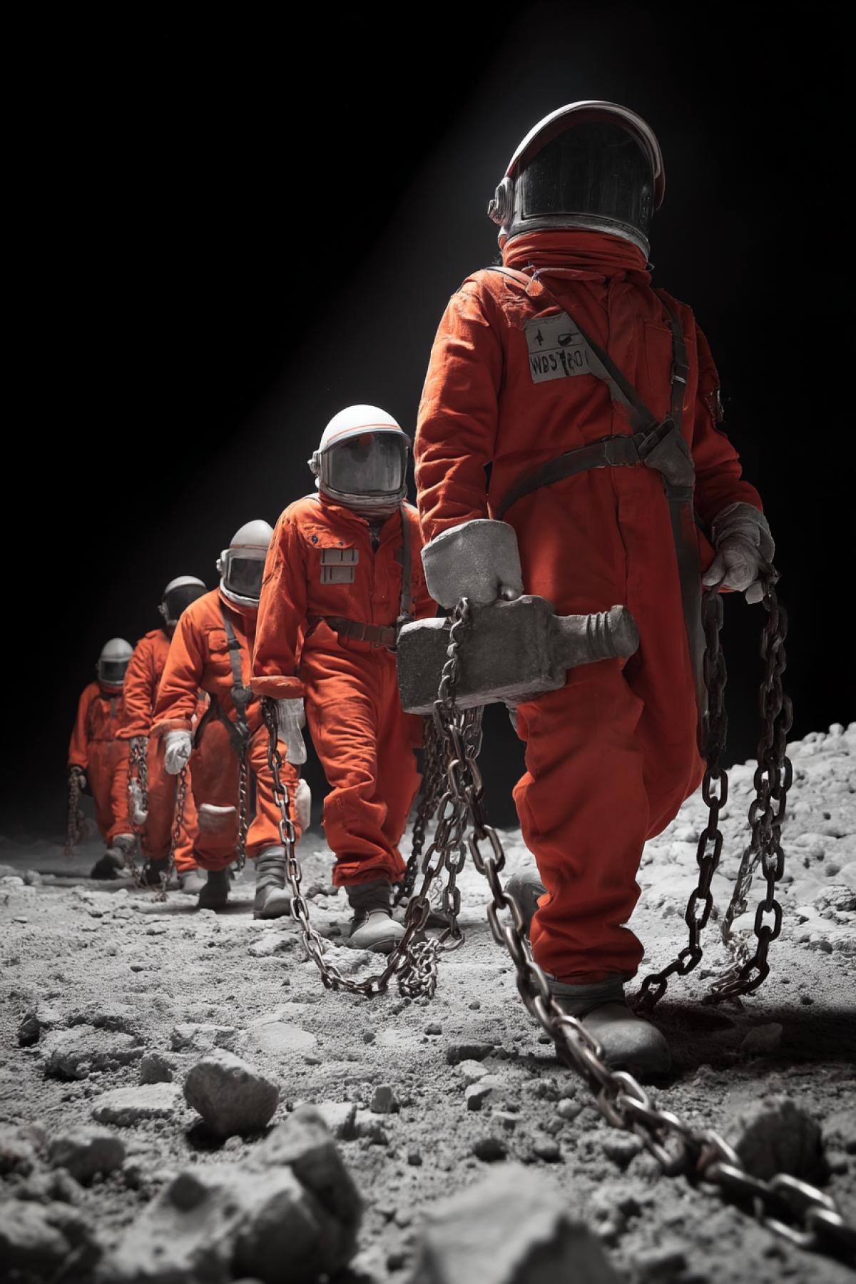 Penal Colony on the Moon.. Harsh criminals in orange spacesuits, emblazoned with large prisoner numbers, crush lunar rocks with massive plasma hammers. Each has a heavy iron ball and chain shackled to their leg. The photographer captured the image in the style of a dark, heroic Norse epic.