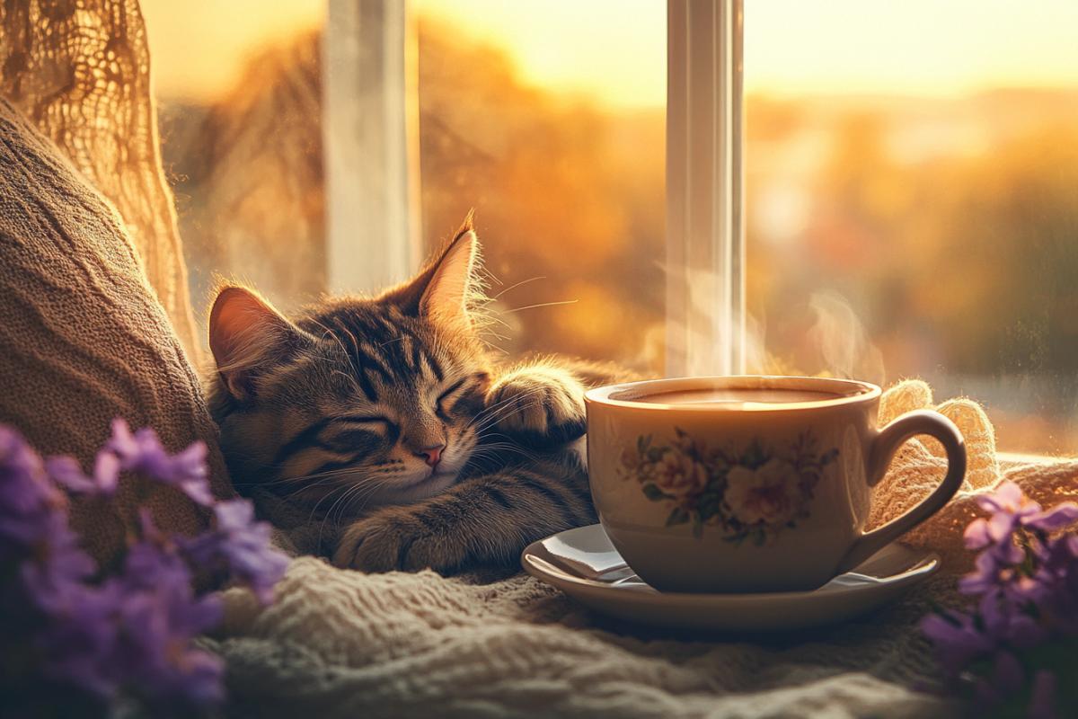 A cup of fragrant coffee with croacan on the table, a window, a cat looking happily into a cup of coffee and sweetly stretching, a window with a beautiful landscape of summer, warm bed tones, magic, prana magic