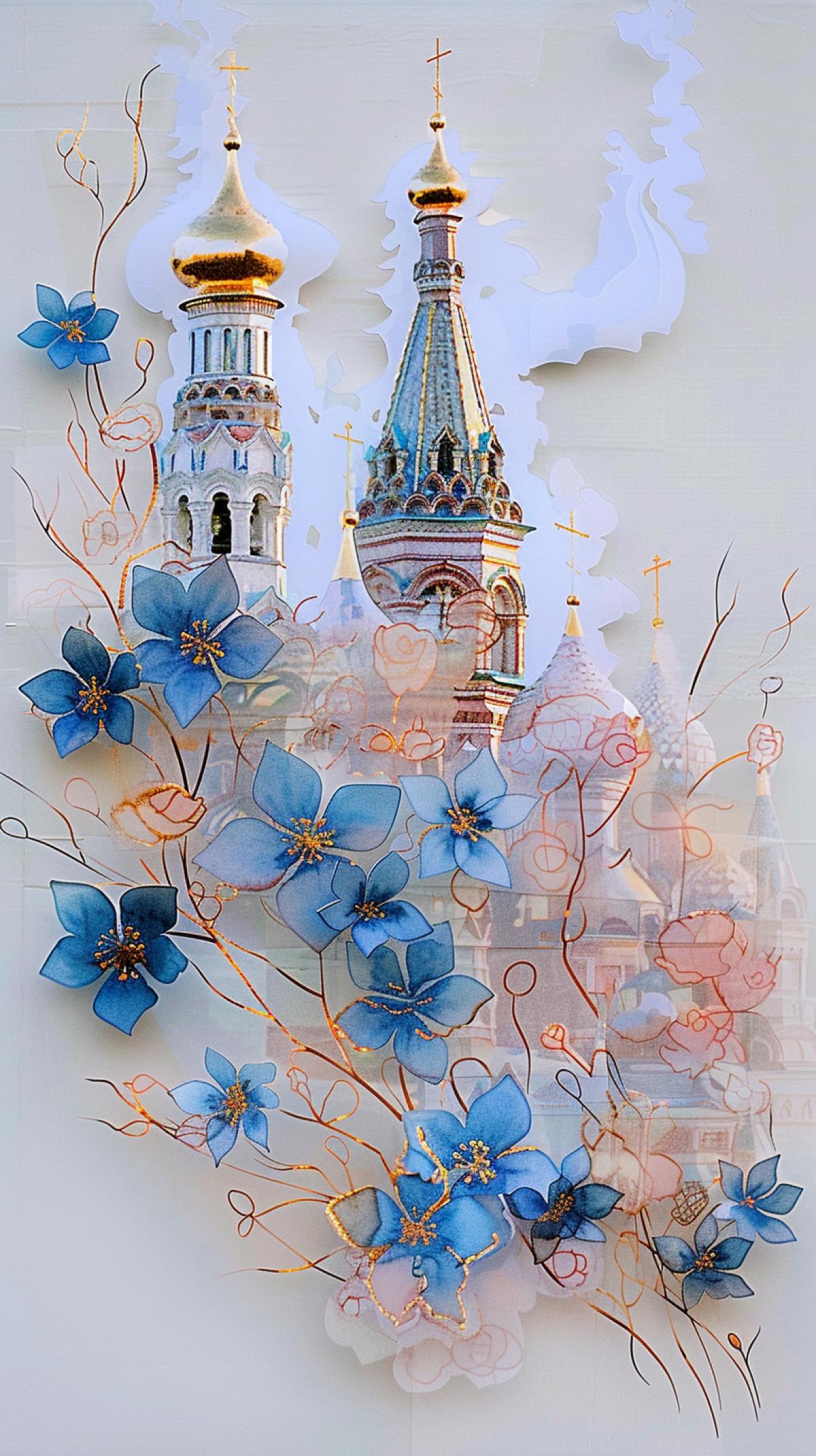 A minimalist, detailed watercolor painting with gold foil and pastel blue accents. It features a flowering branch against the backdrop of the Kremlin towers on a white background with a gold highlight. ar 19:32 s 750 v 7.0