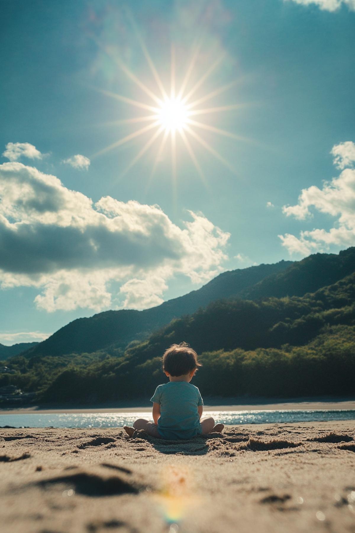 A small child on the seashore plays the sand. In the sky the sun, against the background of green mountains