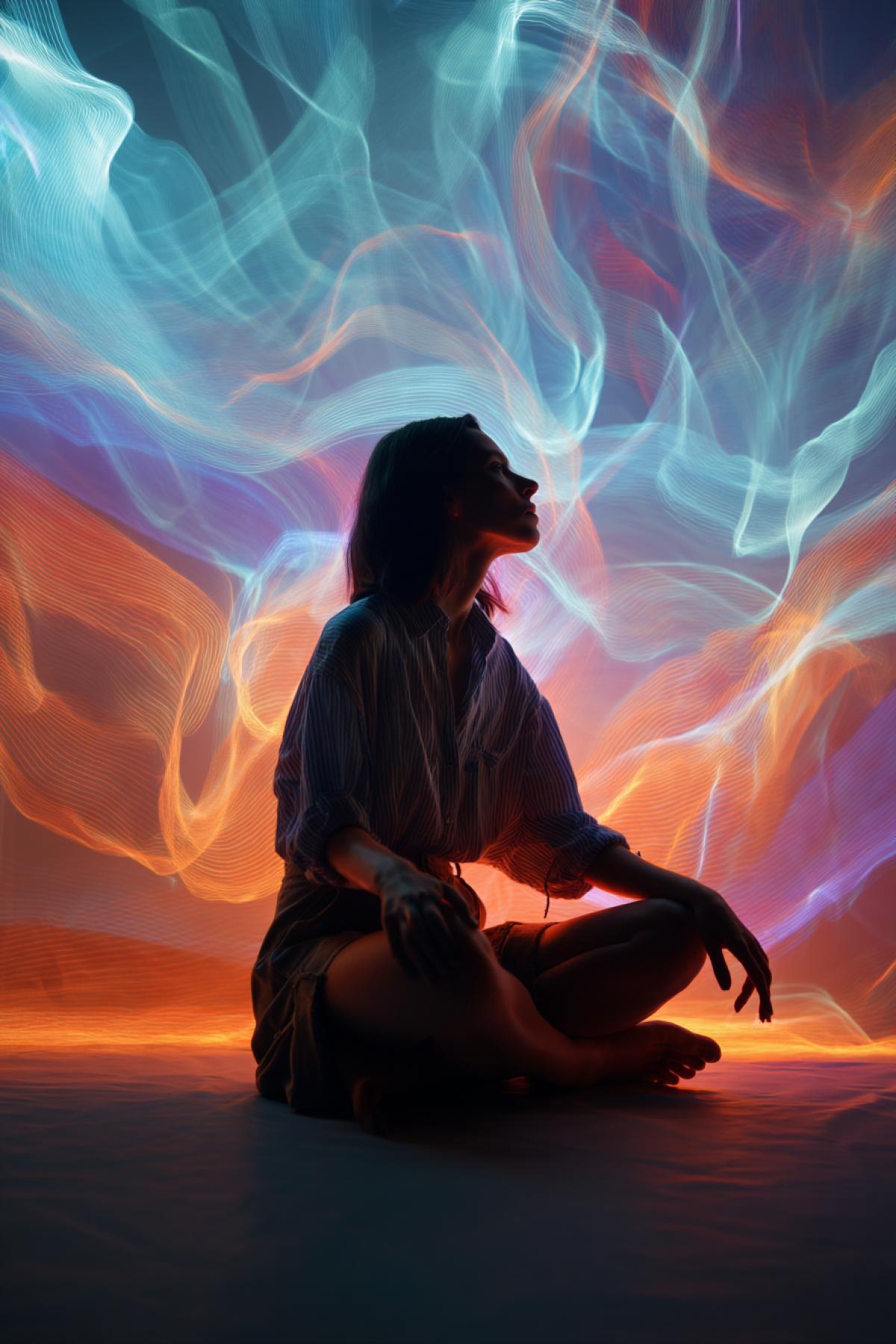 a young artist sitting in the center of a dark room filled with glowing abstract waves of color and sound, each wave pulsing to an invisible melody, her eyes closed, paintbrush floating in the air, vertical surreal com4k, emotion-driven energy