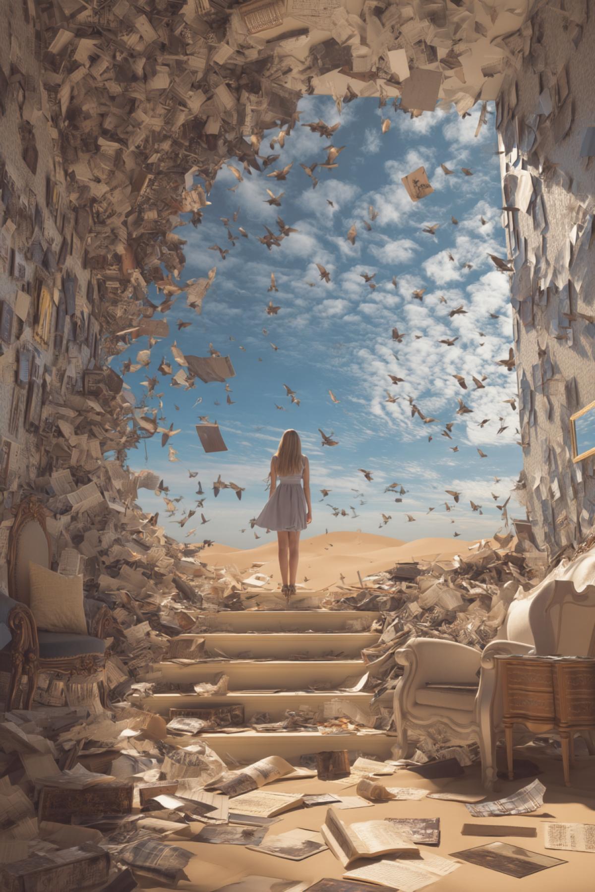 a dreamlike scene where fragments of a real bedroom melt into a vast desert of floating memory fragments, photographs becoming birds, thoughts forming staircases into the sky, a woman standing luxuryfoot among them, eyes wide open, poetic and symbolic, vertical art image