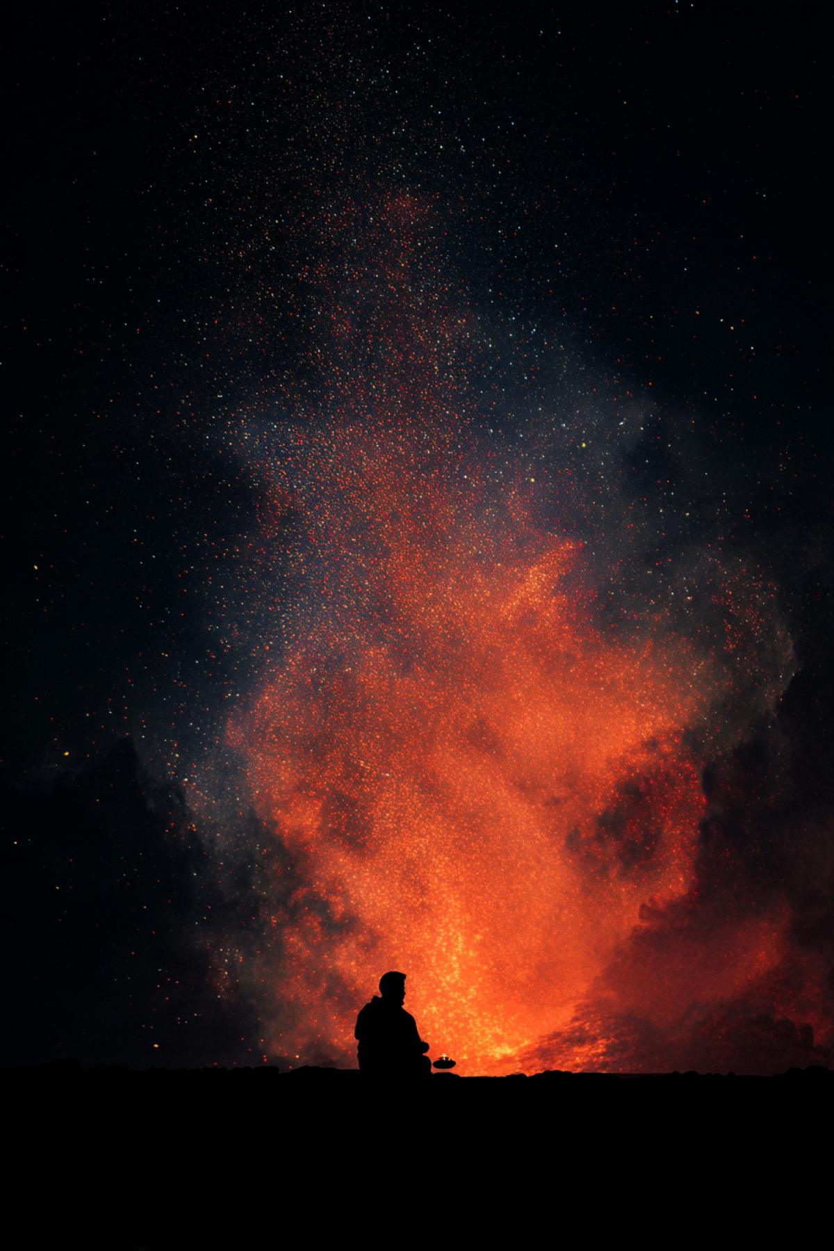 a person sitting in total darkness under a vast cosmic sky, a single glowing ember floating before them like an idea about to be born, stardust swirling gently around, meditative silence, vertical spiritual com4k, minimalist cosmic inspiration