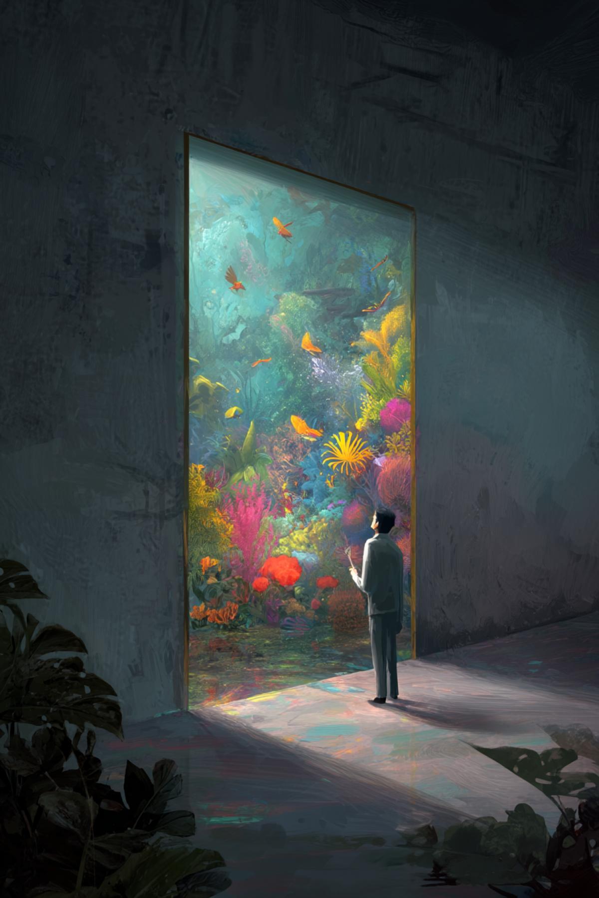 a figure in a dull gray urban room, painting a doorway on the wall that opens into a lush surreal jungle of color and motion, exotic birds and ideas bursting through, light from the doorway reflecting in their eyes, vertical concept art style