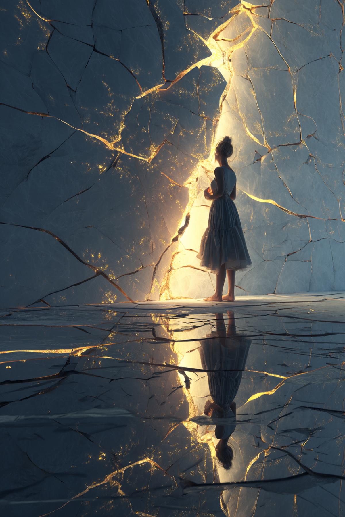 a woman standing in a cracked mirror-world, where glowing golden light leaks through fractures in reality, her reflection fragmented but alive, paint and poems flowing from the cracks like rivers, surreal atmosphere, vertical symbolic scene, high detail