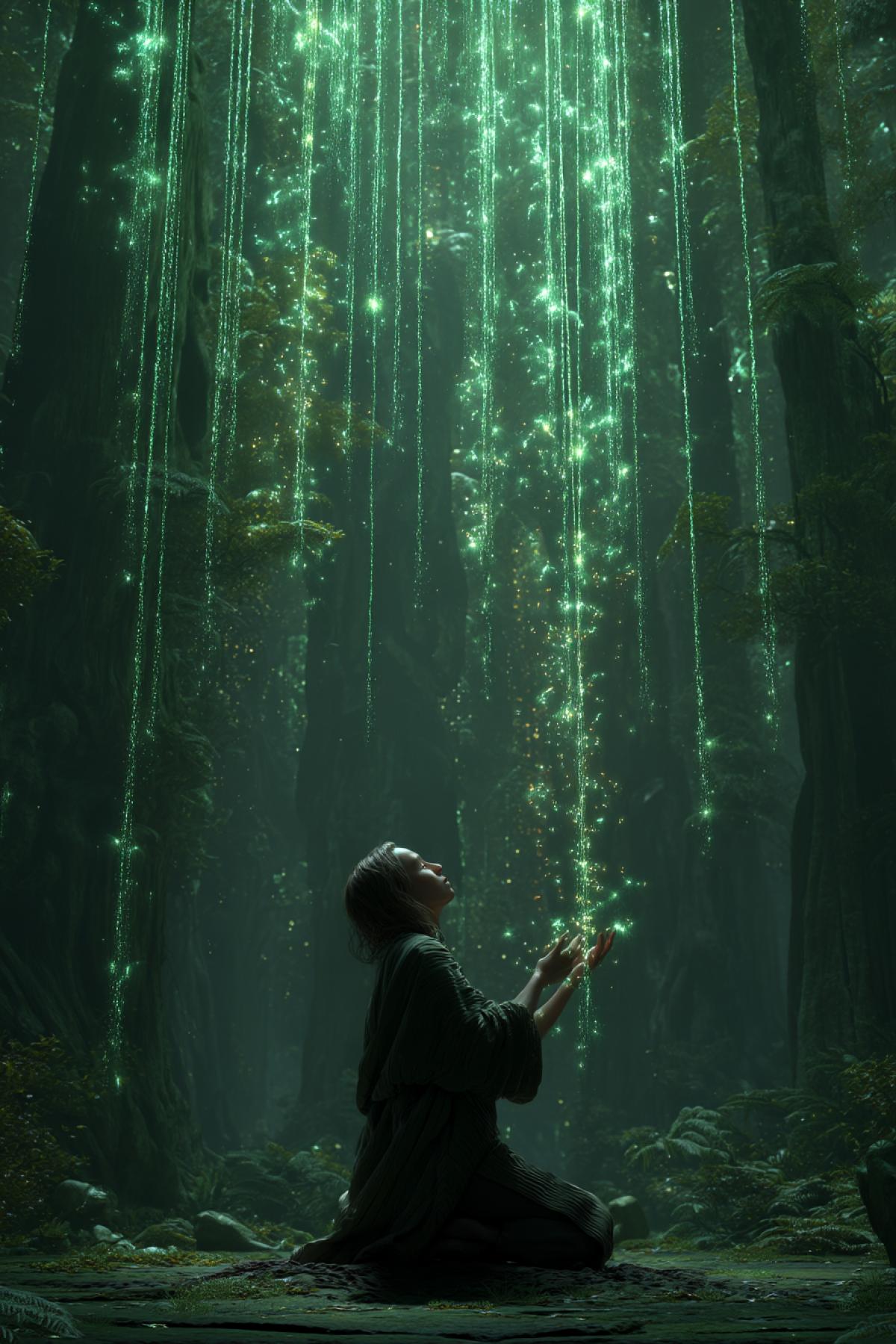 a figure kneeling in an ancient forest, surrounded by ancestral spirits, each one weaving threads of memory and wisdom into the air, the person catching one glowing thread and creating something new, magical realist style, vertical com4k, emotional and beautiful